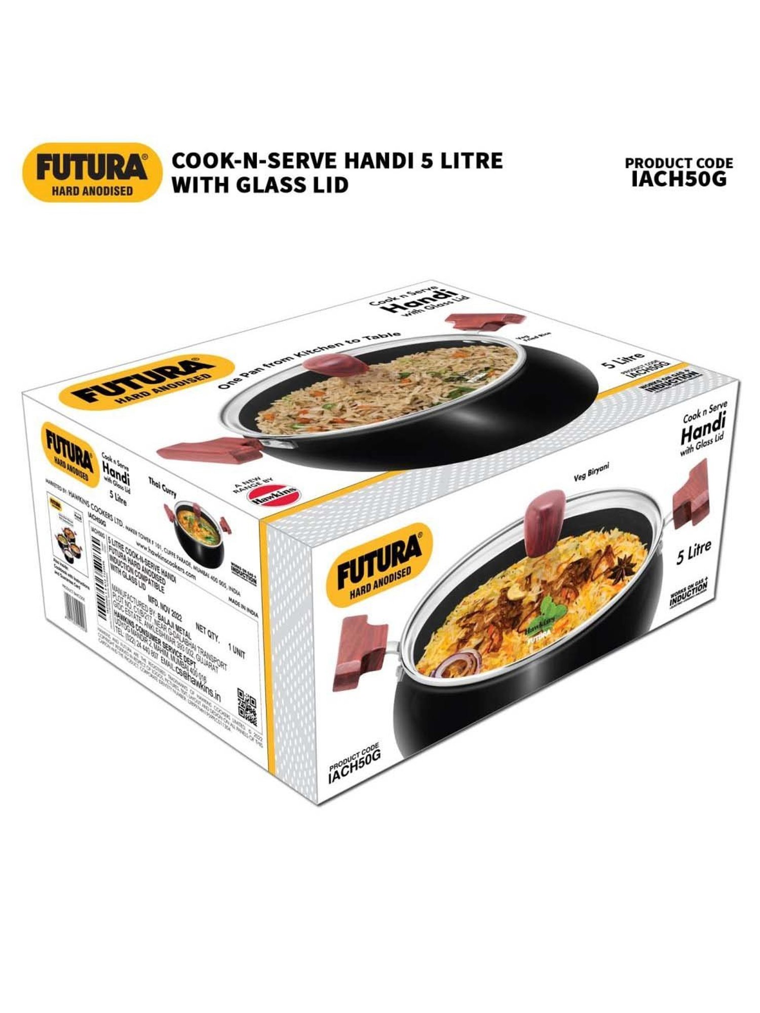 Hawkins Black Aluminium Induction Futura Hard Anodised Biryani Handi Pan With Glass Lid (5 L)