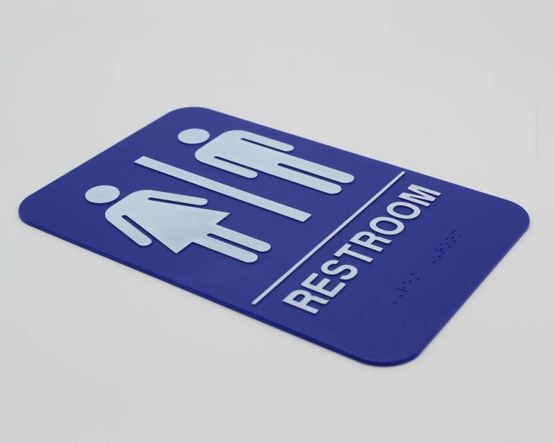 Unisex Braille Restroom Sign - 6x9 ADA Bathroom Sign with Double Sided Adhesive Tape on Back - (Blue Background)