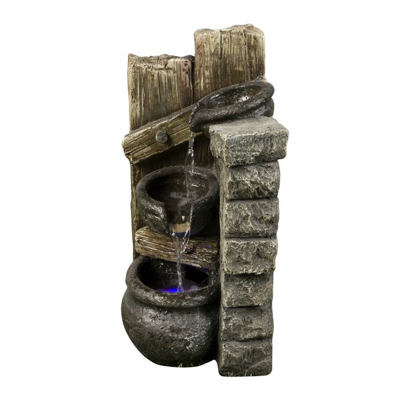 14" 2 Bowls Pouring into 1 Tabletop Waterfall Fountain with LED Light Gray - Hi-Line Gift