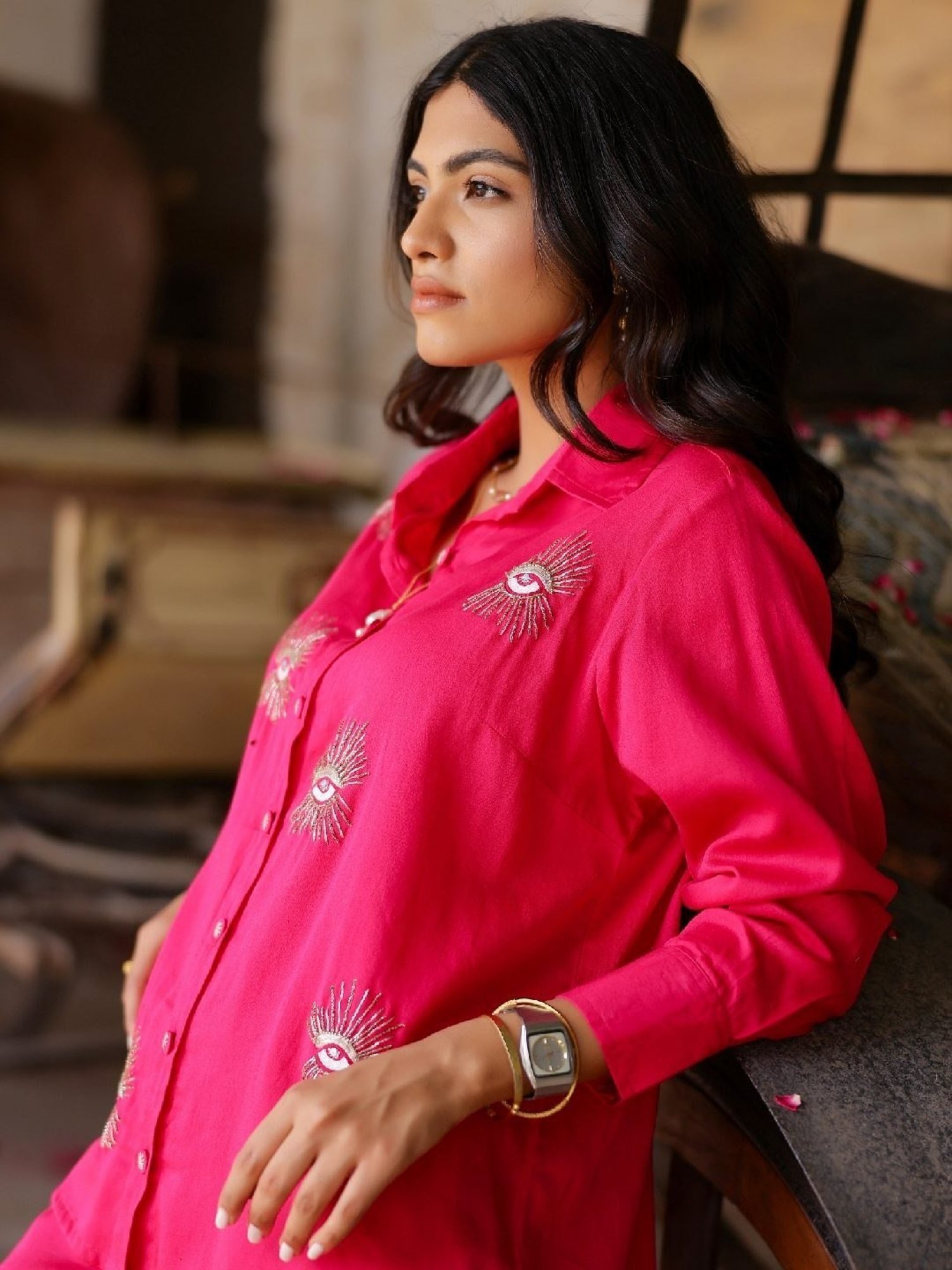 Gulaal Hot Pink Evil Eye Embroidered Shirt with Pant Co-ord Set