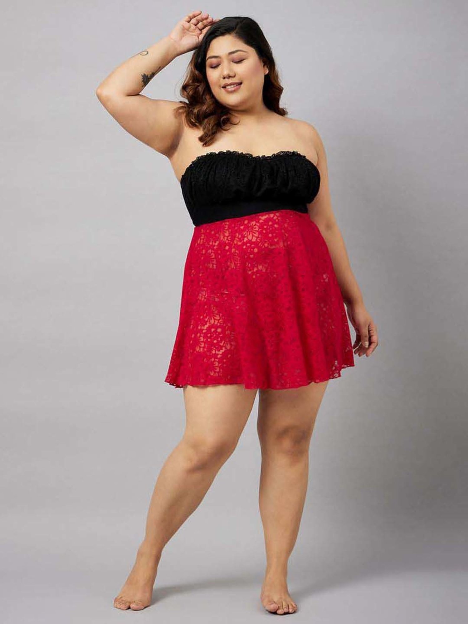 Secrets By ZeroKaata Red & Navy Lace Work Babydoll with Panty - Pack Of 2