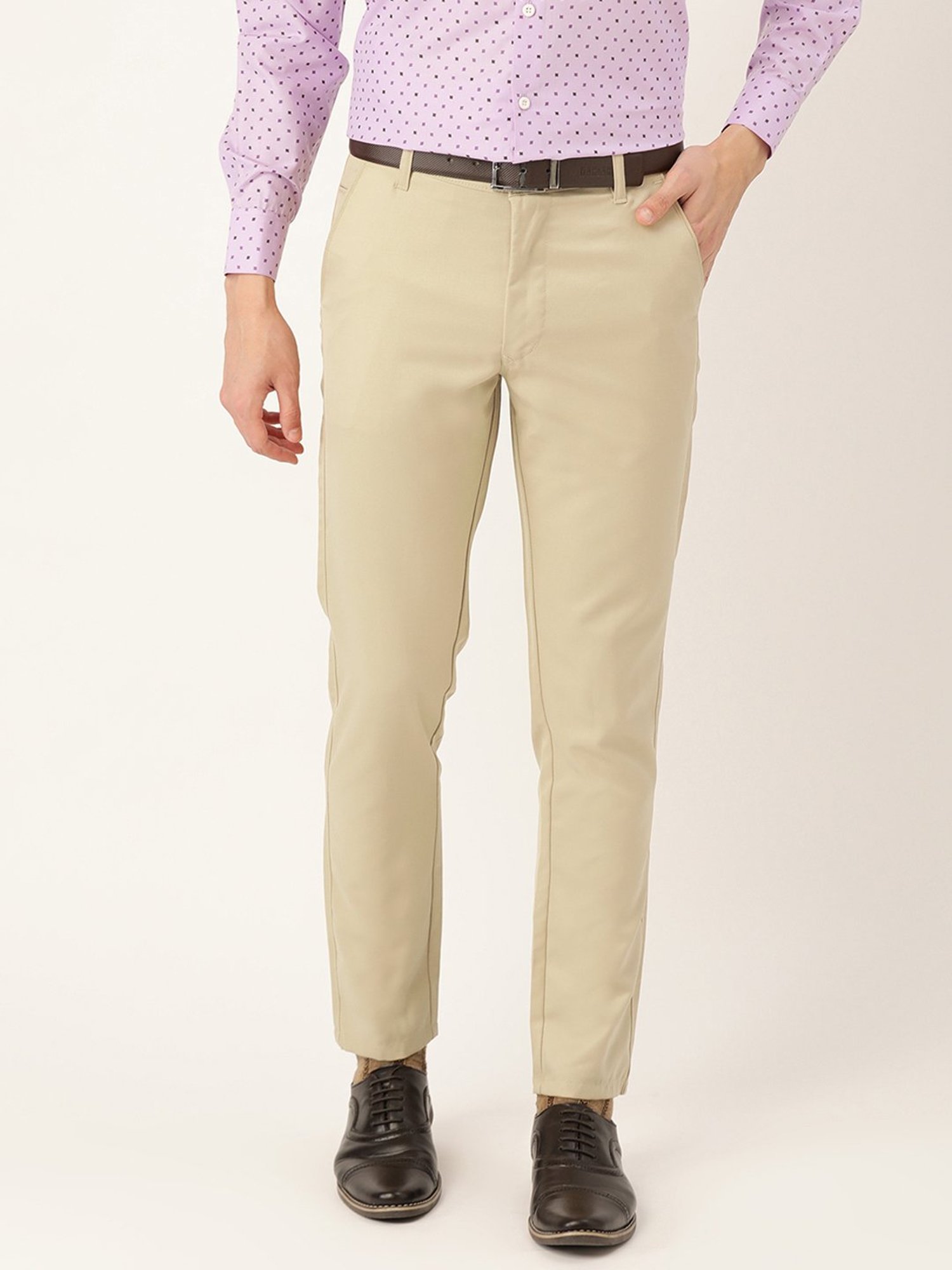 Sojanya Beige Cotton Regular Slim Fit Flat Front Trousers