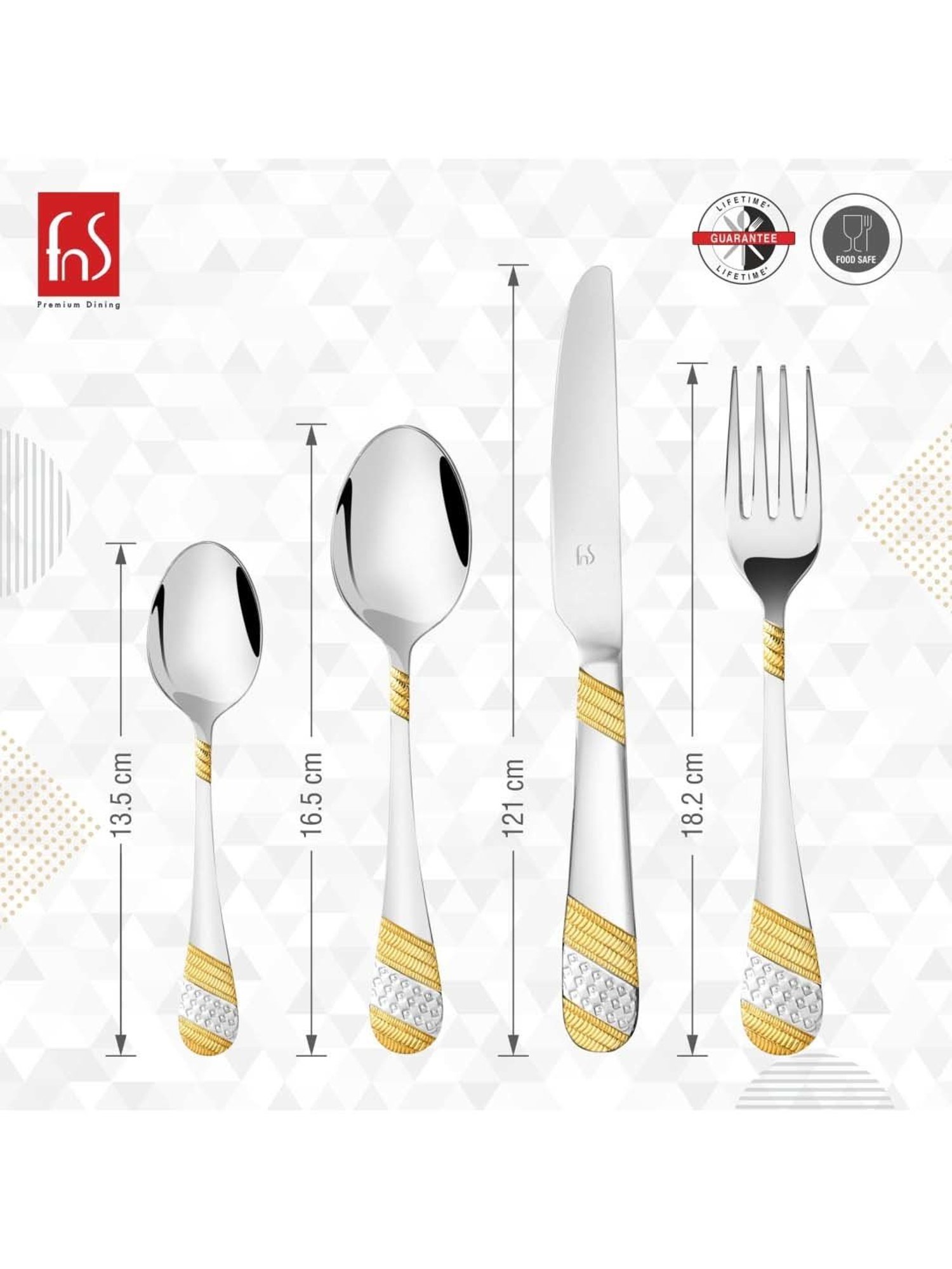 FnS Imperio Silver & Gold Stainless Steel Cutlery - Set of 34