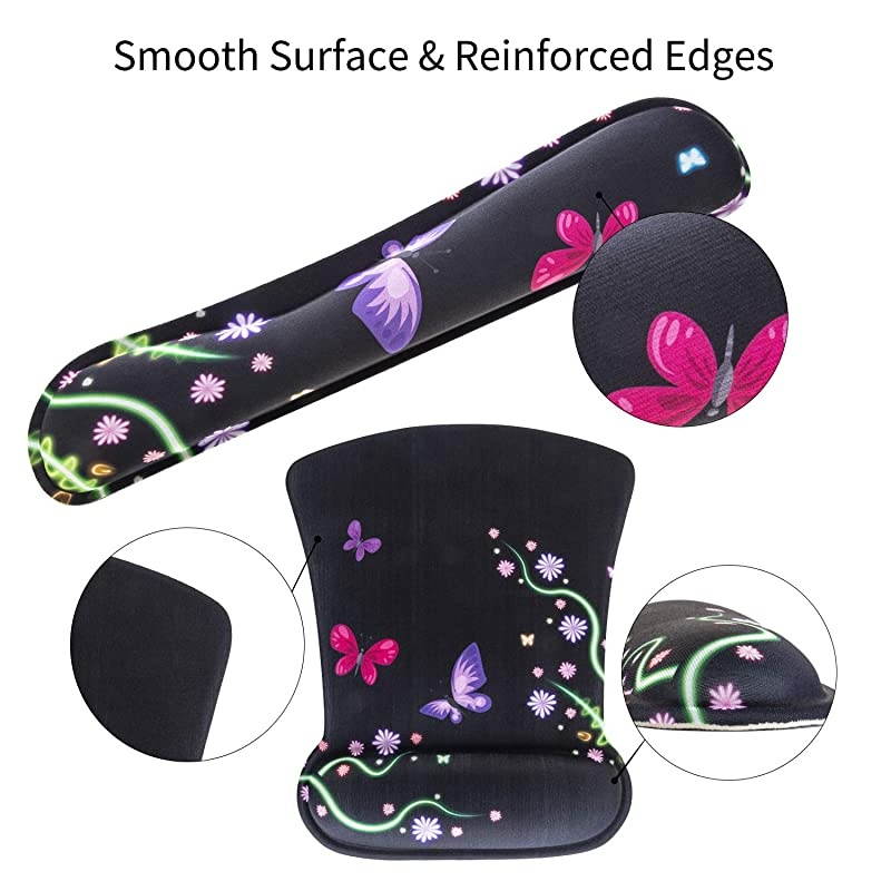 Ergonomic Memory Foam Keyboard and Mouse Pad Wrist Rest Support Set, Non-Slip Office Work Desk Mouse Pad Wrist Set by (Nice Butterfly & Flower)