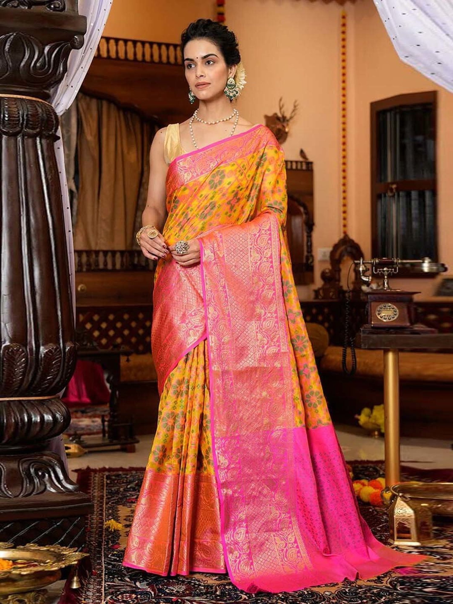 Rangita Yellow & Pink Silk Woven Saree With Unstitched Blouse