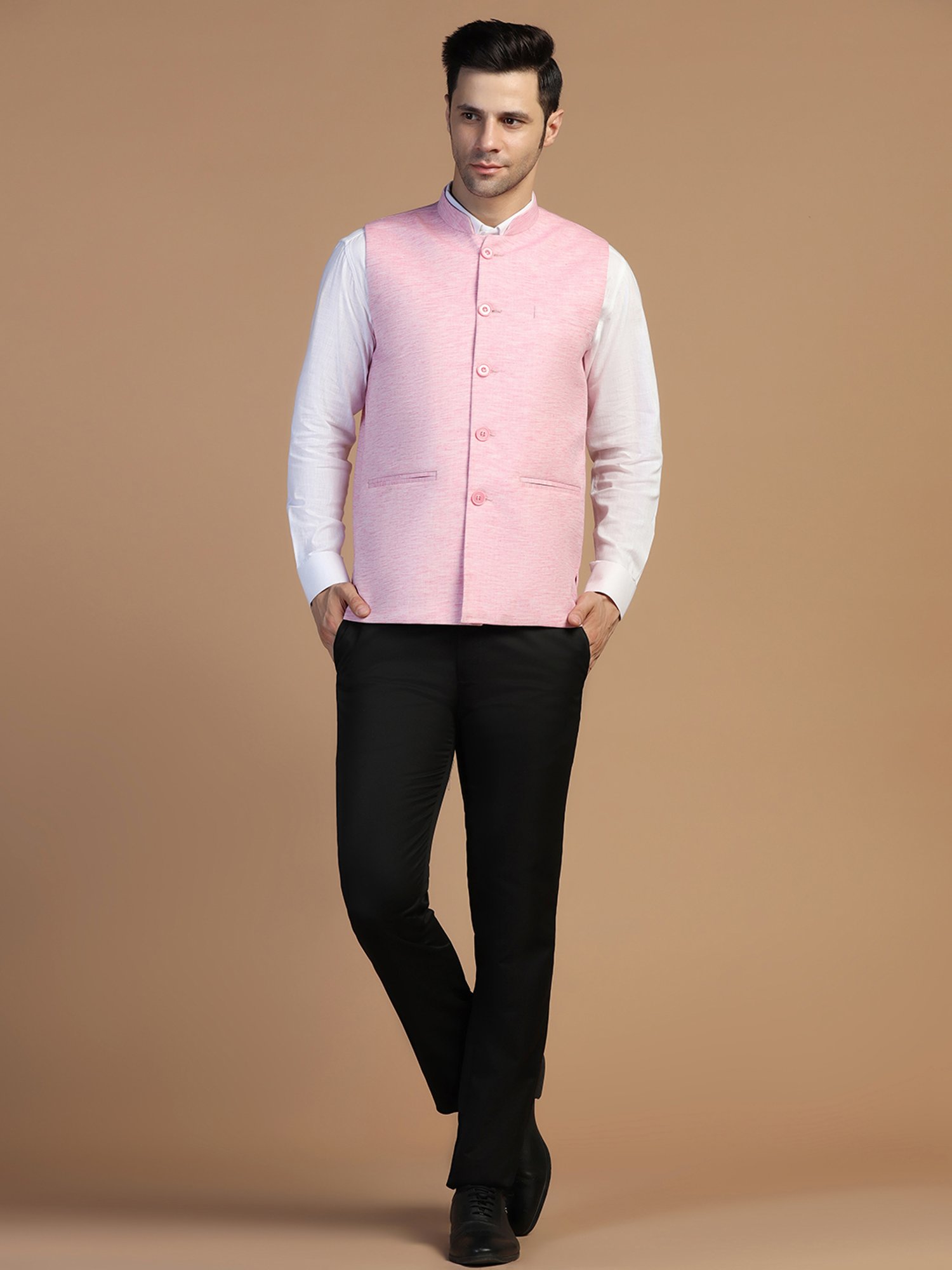 TAHVO Pink Melange Regular Fit Nehru Jacket