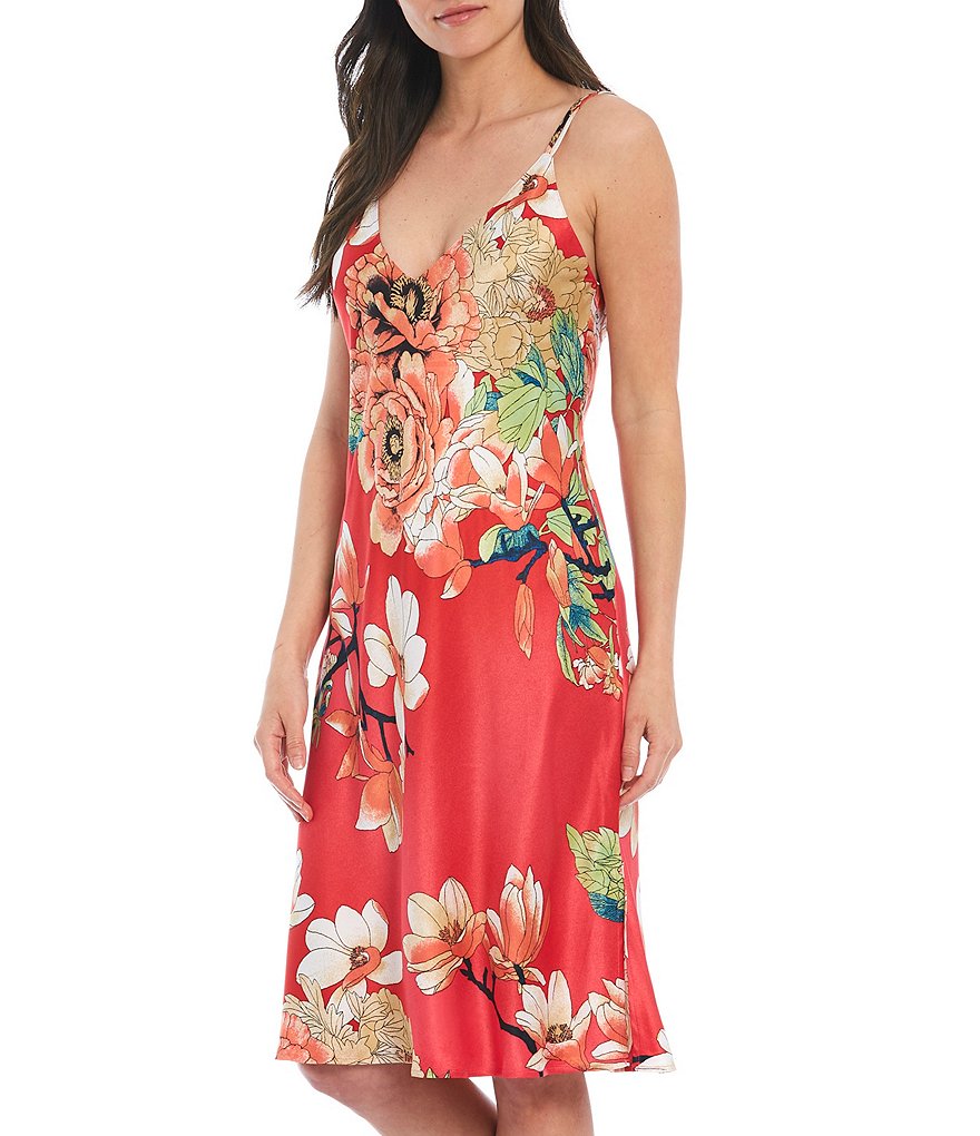 N by Natori Enchanted Lotus Printed Satin Long Nightgown