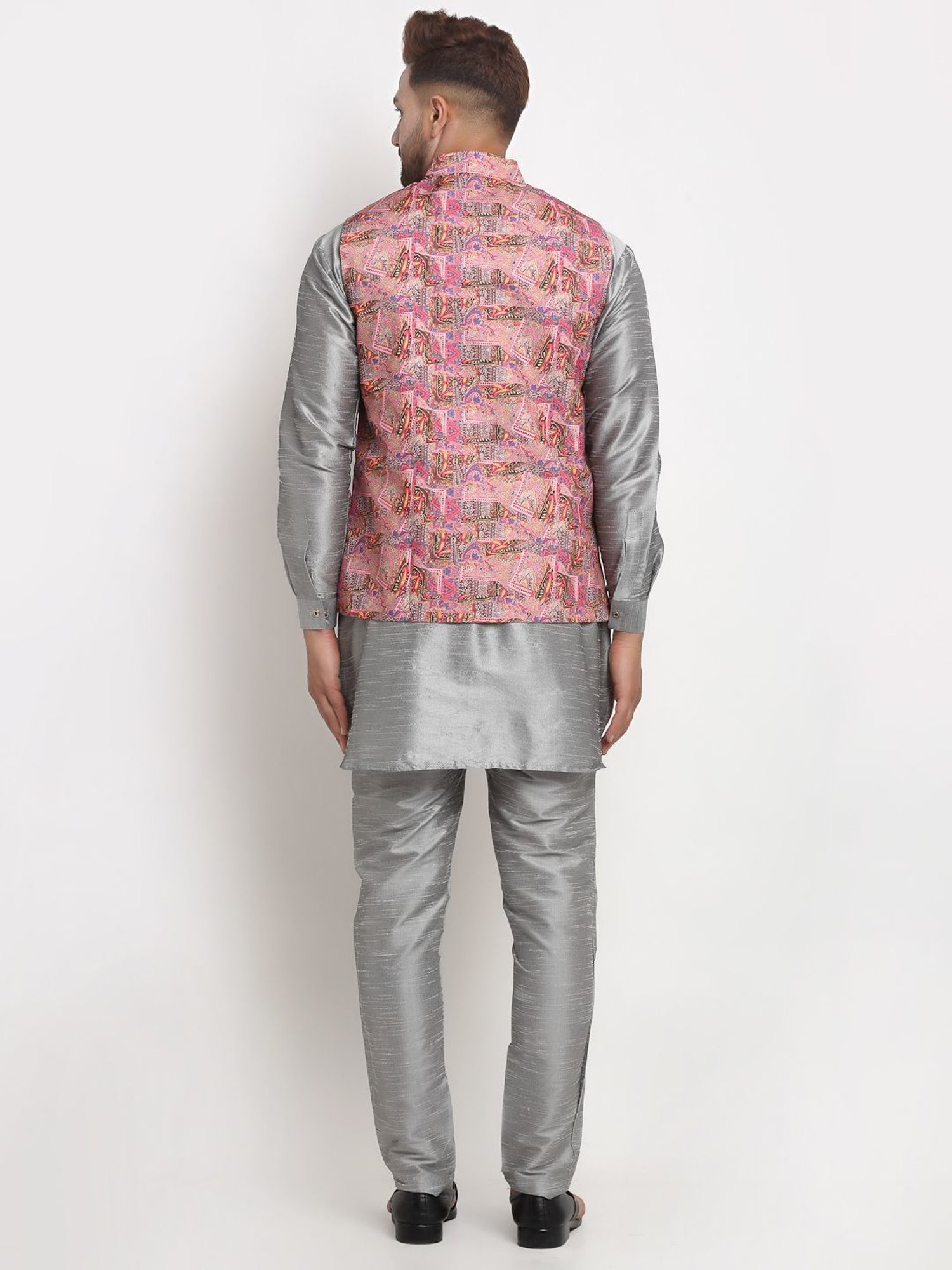 Benstoke Grey & Pink Regular Fit Printed Kurta Set With Jacket