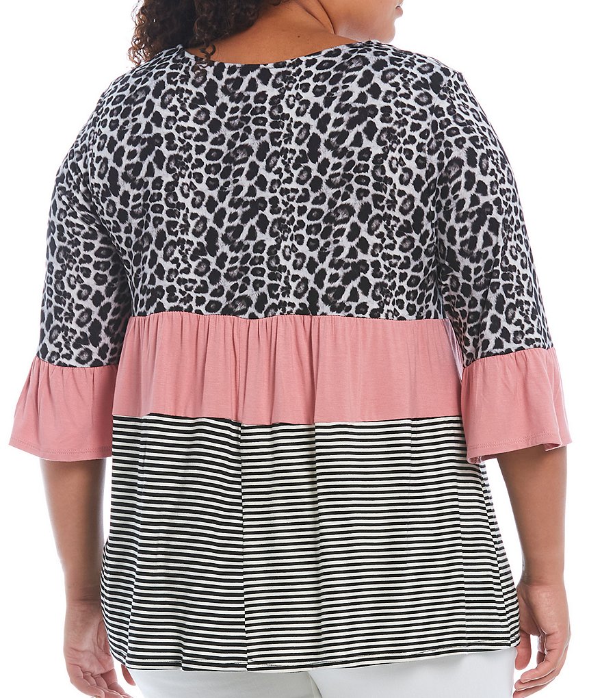 Moa Moa Plus Size Animal Stripe Print Colorblock Tier Knit Round Neck 3/4 Bell Sleeve Top