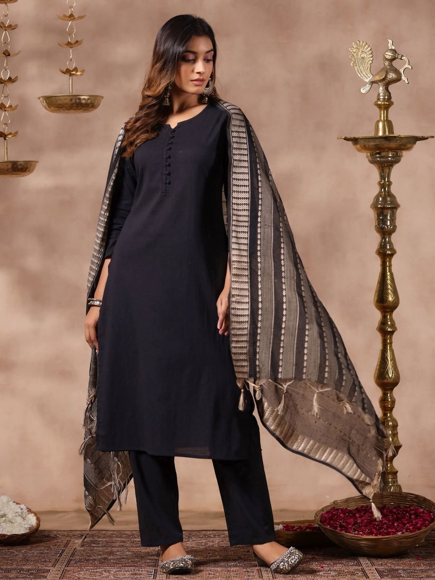 Anubhutee Black Cotton Kurta Pant Set With Dupatta