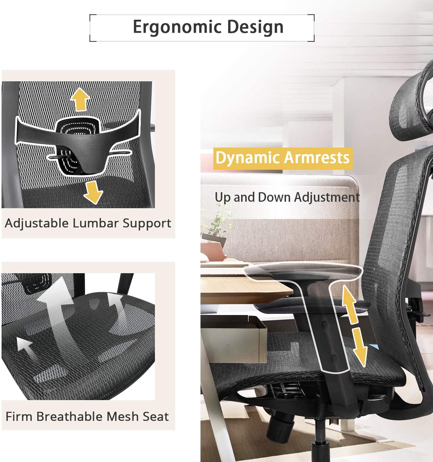 Furmax Ergonomic Office Chair Executive Chair with Mesh Seat High Back Computer Desk Chair with Adjustable Headrest Lumbar Support Armrest Rolling Task Chair with Clothes Hanger (Black)