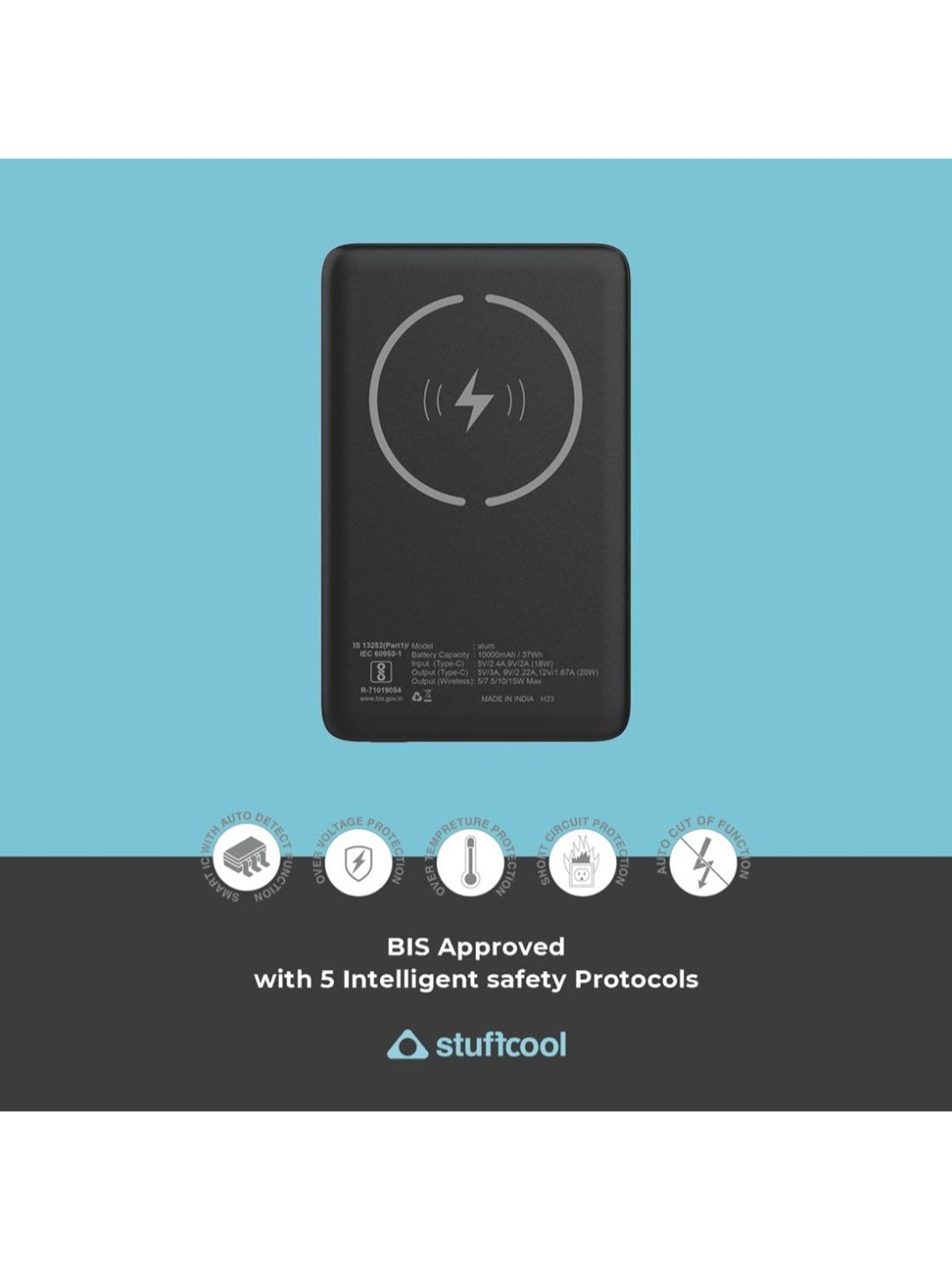 Stuffcool Alum 10000mAh Magnetic Wireless Powerbank for iPhone 12/13/14/15 Series (Black)