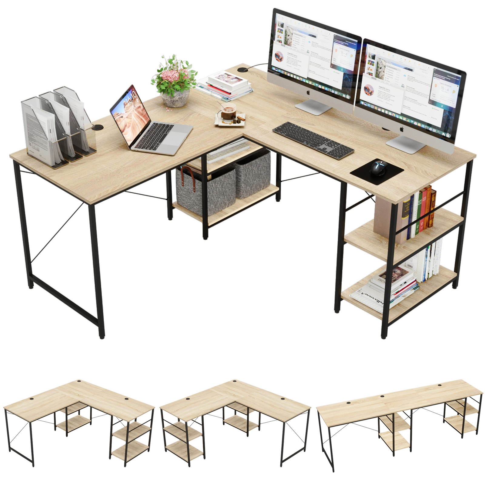 Bestier L Shaped Desk with Shelves 95.2 Inch Reversible Corner Computer Desk or 2 Person Long Table for Home Office Large Gaming Writing Storage Workstation P2 Board with 3 Cable Holes, Grey Oak