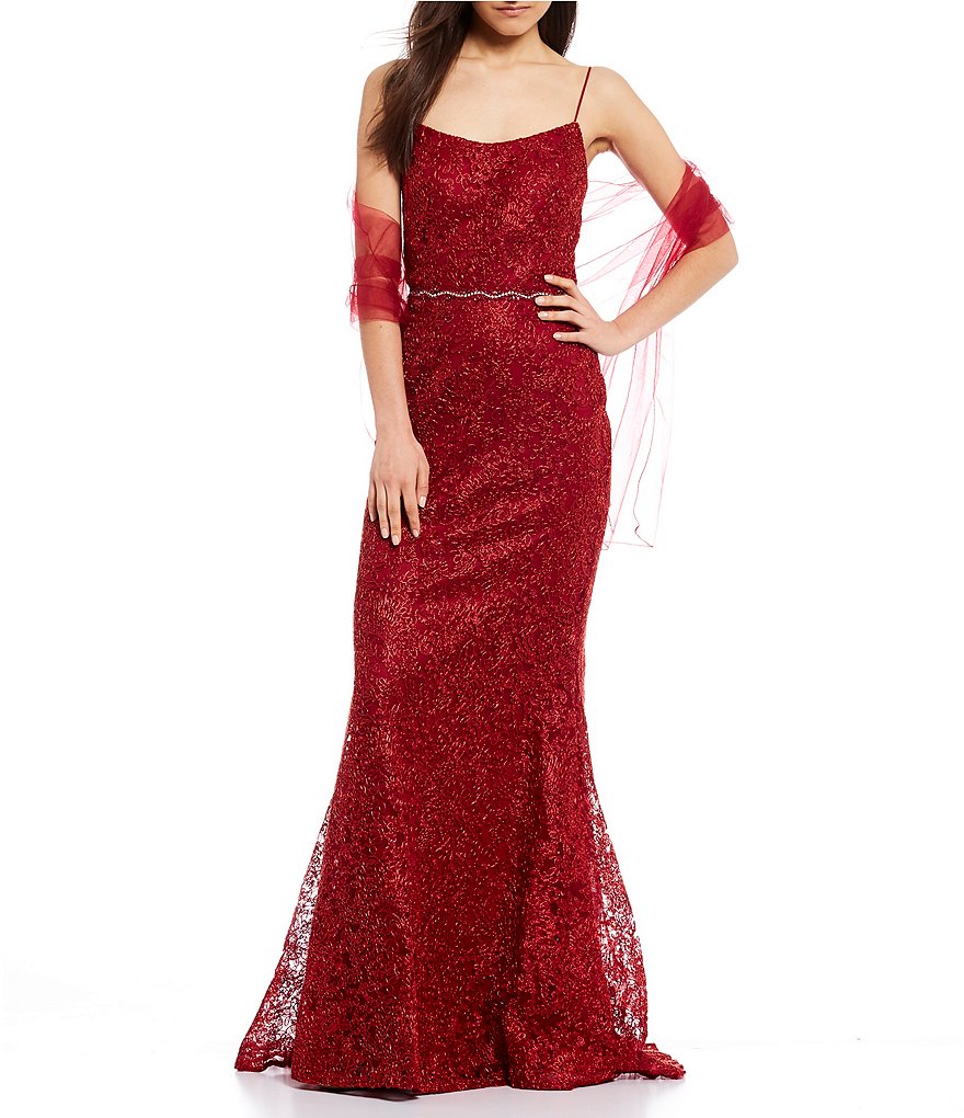 Coya Collection Spaghetti Strap Square-Neck Chemical Lace Long Dress