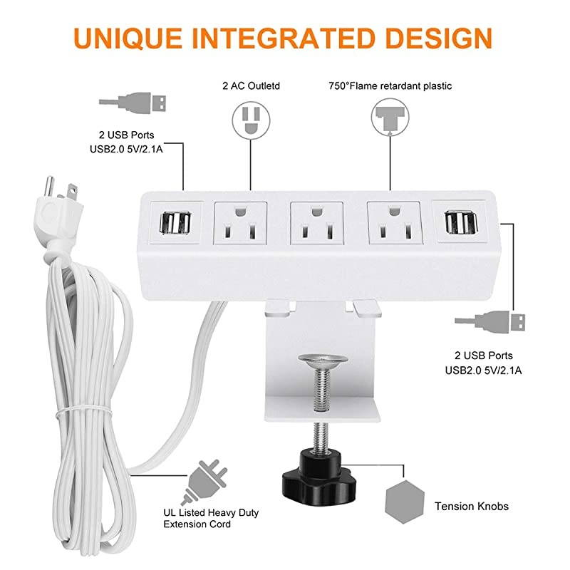 AC Outlet Desk Clamp Power Strip White Desk Mount USB Charging Power Station Removable Desktop Edge Power Center Plugs Output 125V60HZ12A1500W USB 5V4A 656FT Cable