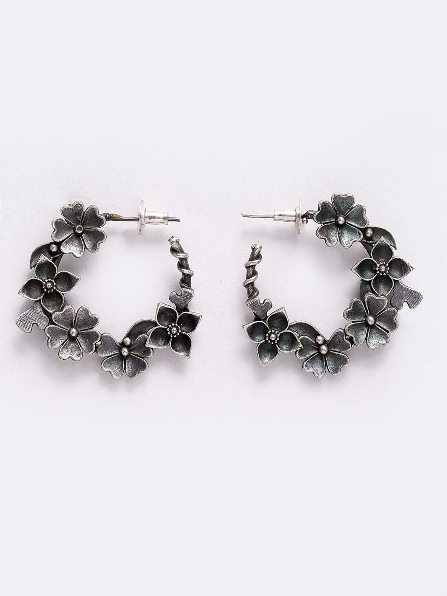 Panash Oxidized Silver-Look Floral Shaped Half Hoop Earrings