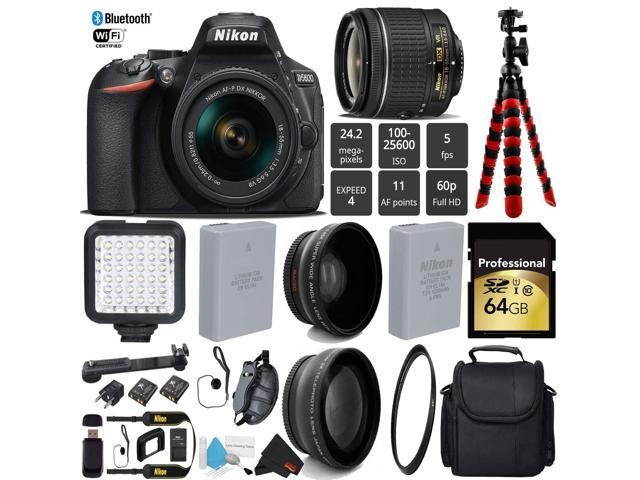 Nikon D5600 DSLR Wi-FI NFC 24.2MP DX CMOS Camera AF-P 18-55mm VR Lens + LED Light kit + UV Protection Lens Filter + 12 inch Flexible Tripod + Camera Case - (Intl Model)