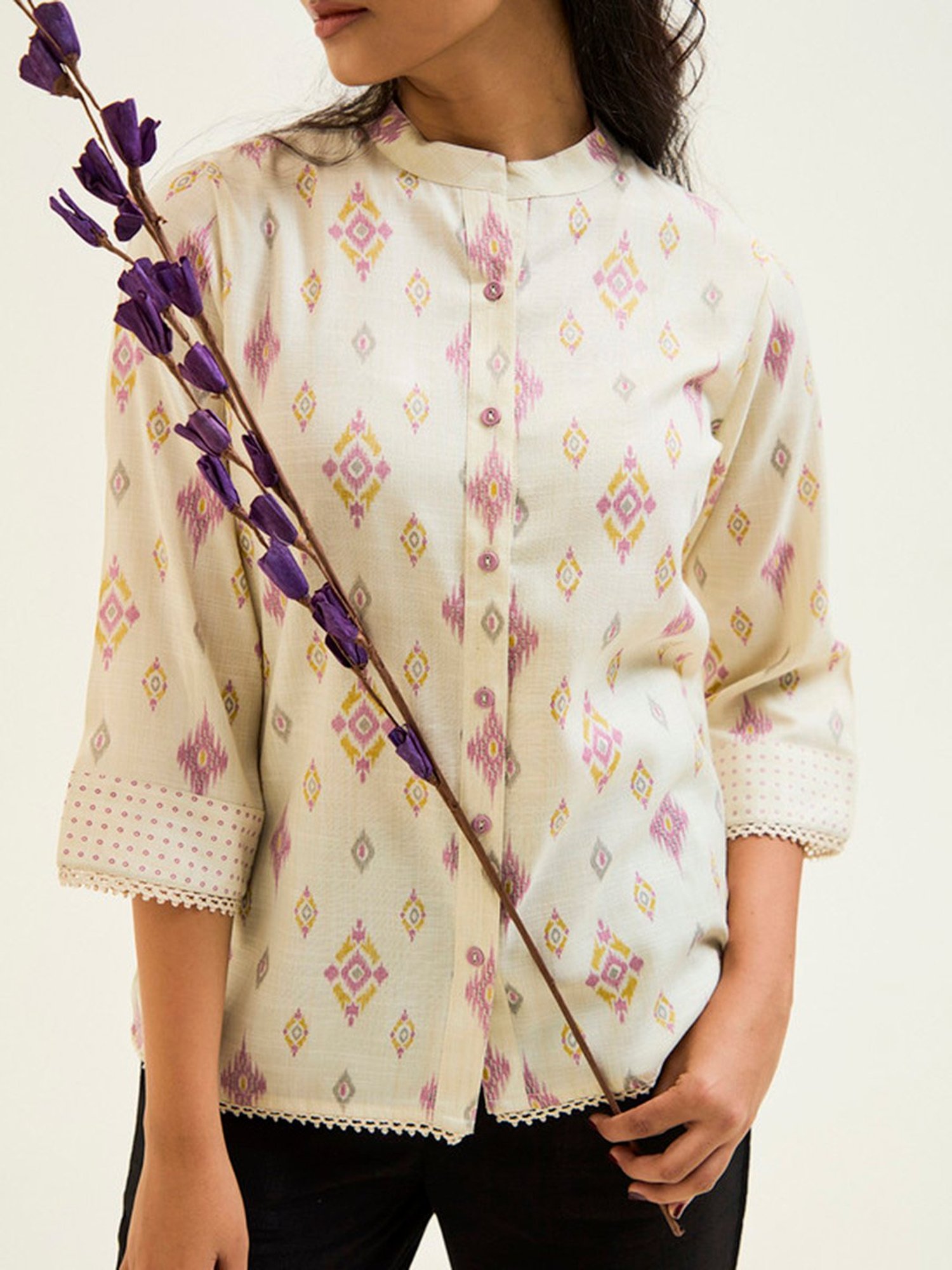 Jaipur Kurti Lavender & Off White Printed Top