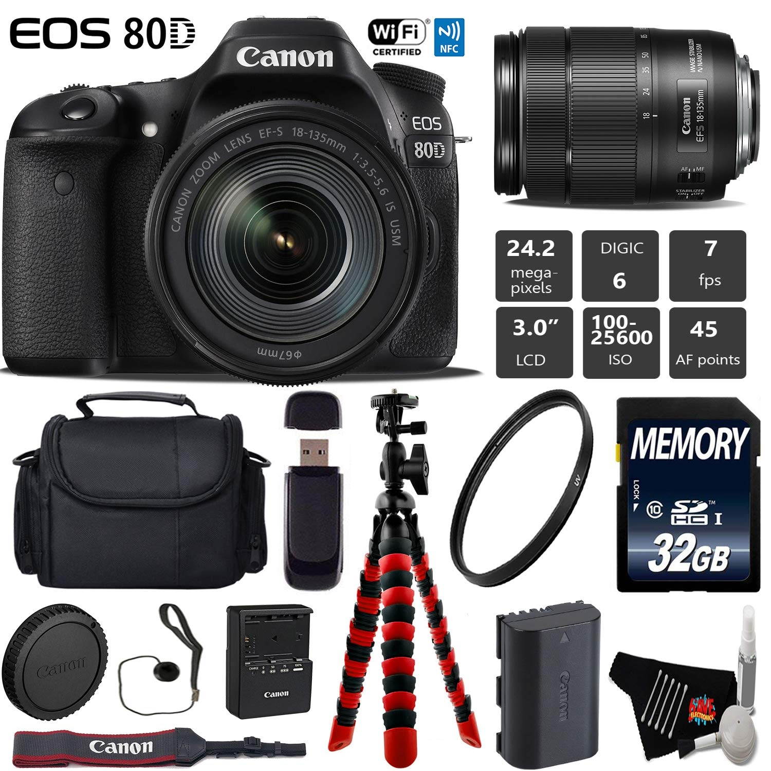 Canon EOS 80D DSLR Camera with 18-135mm is STM Lens + UV Protection Filter + Flexible Tripod + Professional Case + Card Reader - Intl Model
