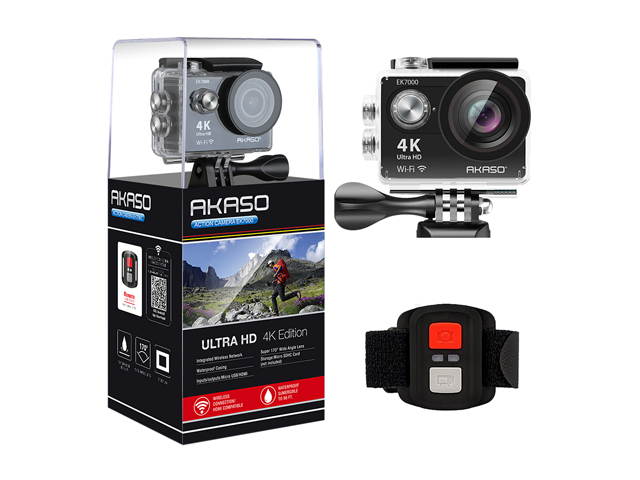 AKASO EK7000 4K WIFI Sports Action Camera Ultra HD Waterproof DV Camcorder 12 MP 170 Degree Wide Angle 2 inch LCD Screen/ 2.4G Remote Control/ 2 Rechargeable Batteries/ 19 Mounting Kits