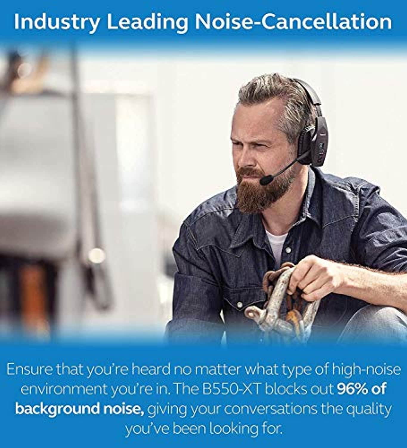 BlueParrott B550-XT Noise Canceling Bluetooth Headset with 300-FT Wireless Range for iOS and Android Bundle with Blucoil Headphones Carrying Case, Replacement Mic Windscreens and Ear Pads (A1795)