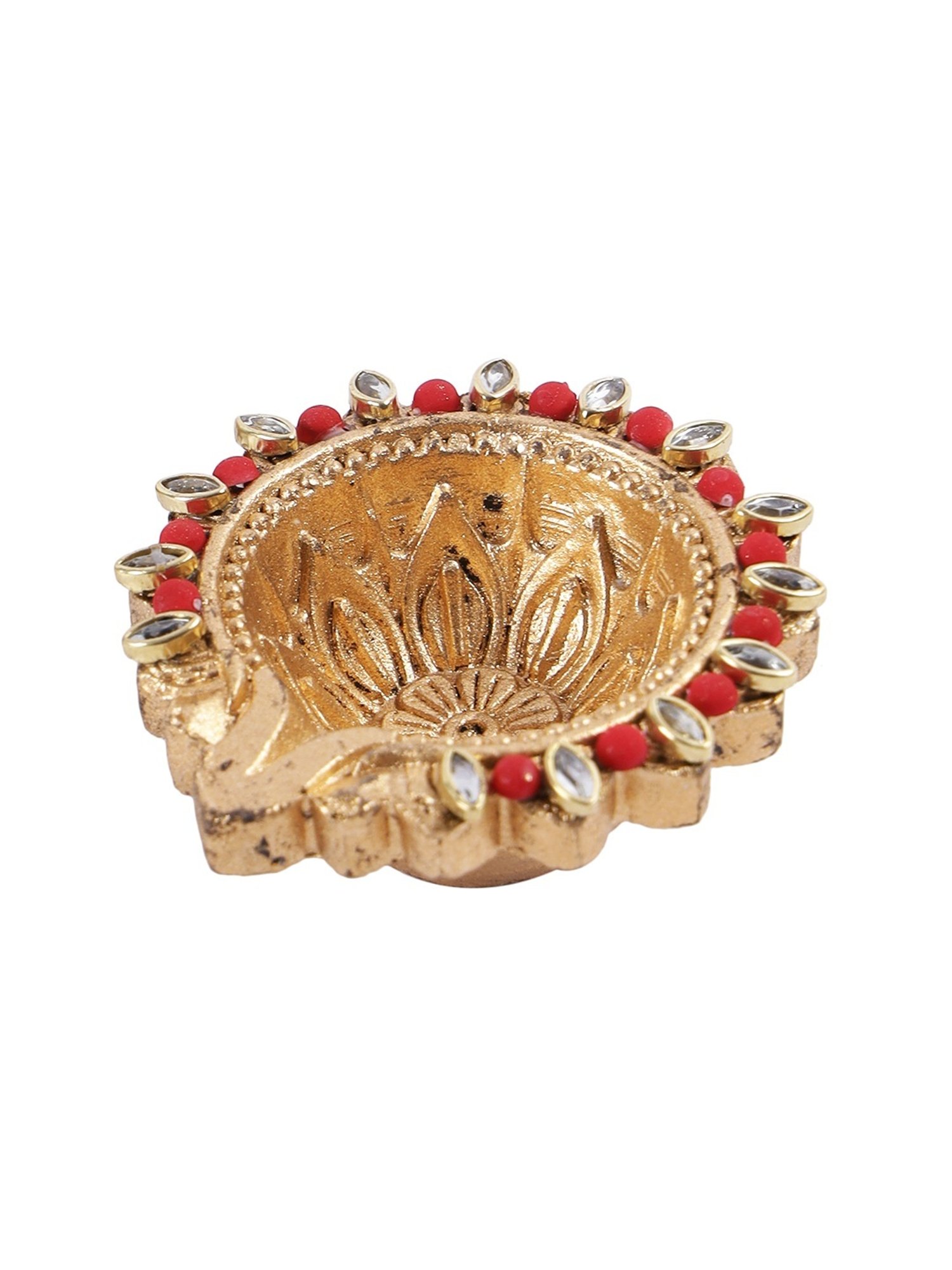 Aapno Rajasthan Solid Golden & Green Terracotta Diya - Set of 5