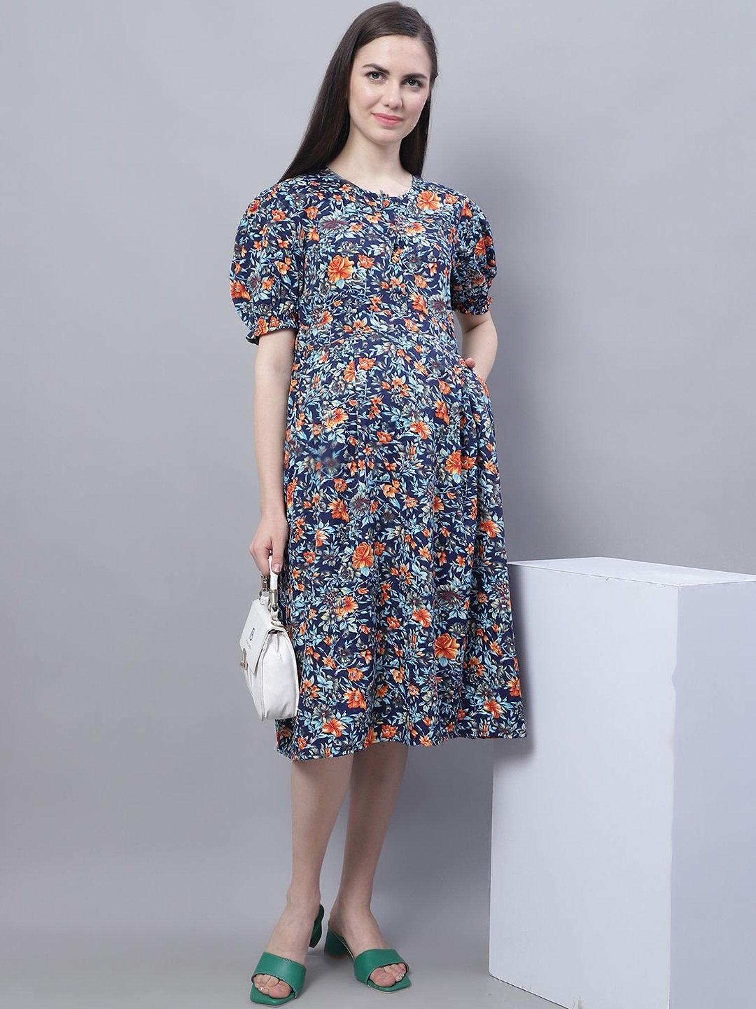 Moms Maternity Blue Printed Dress