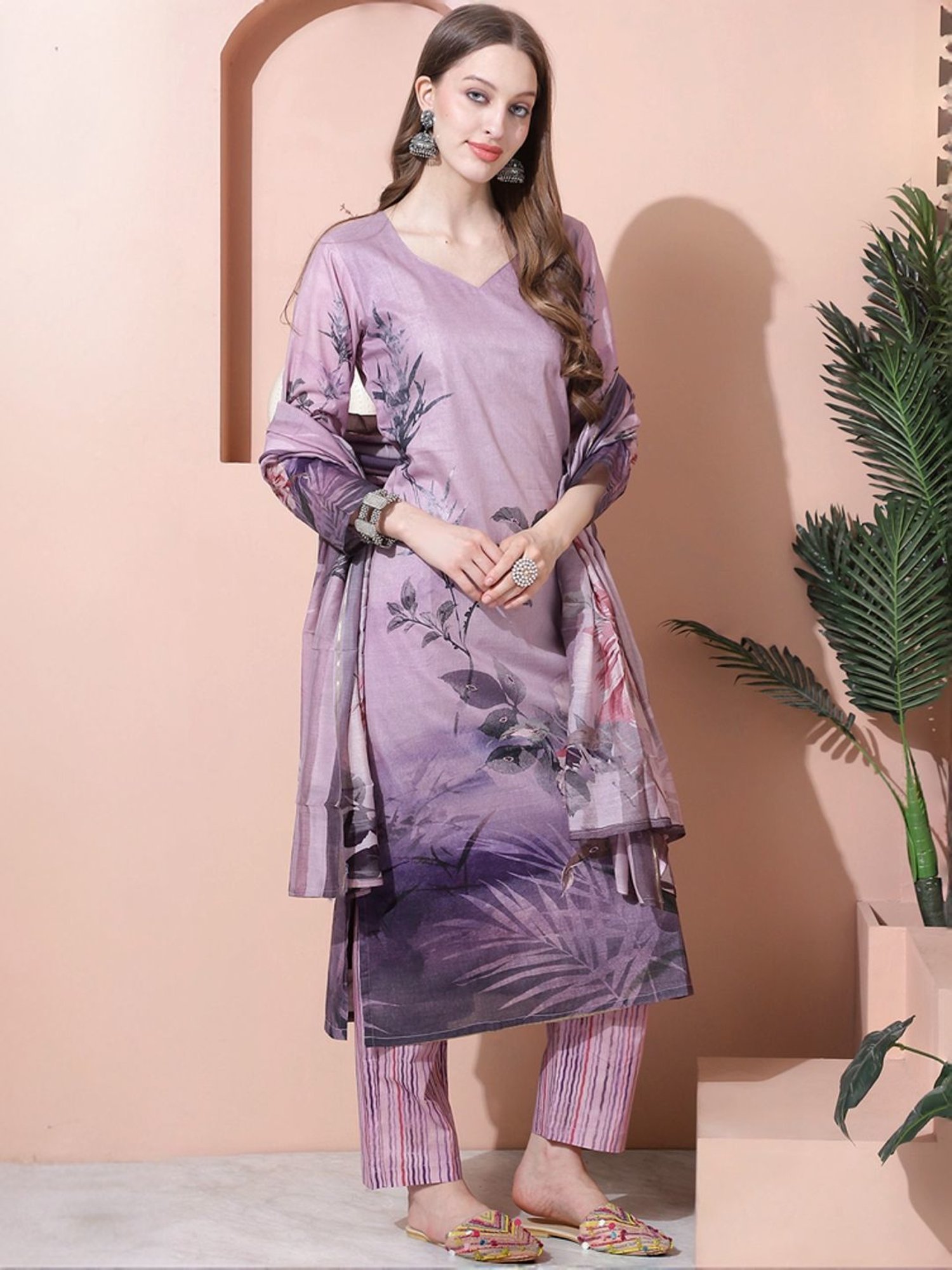 Stylee LIFESTYLE Purple Cotton Floral Print Unstitched Dress Material