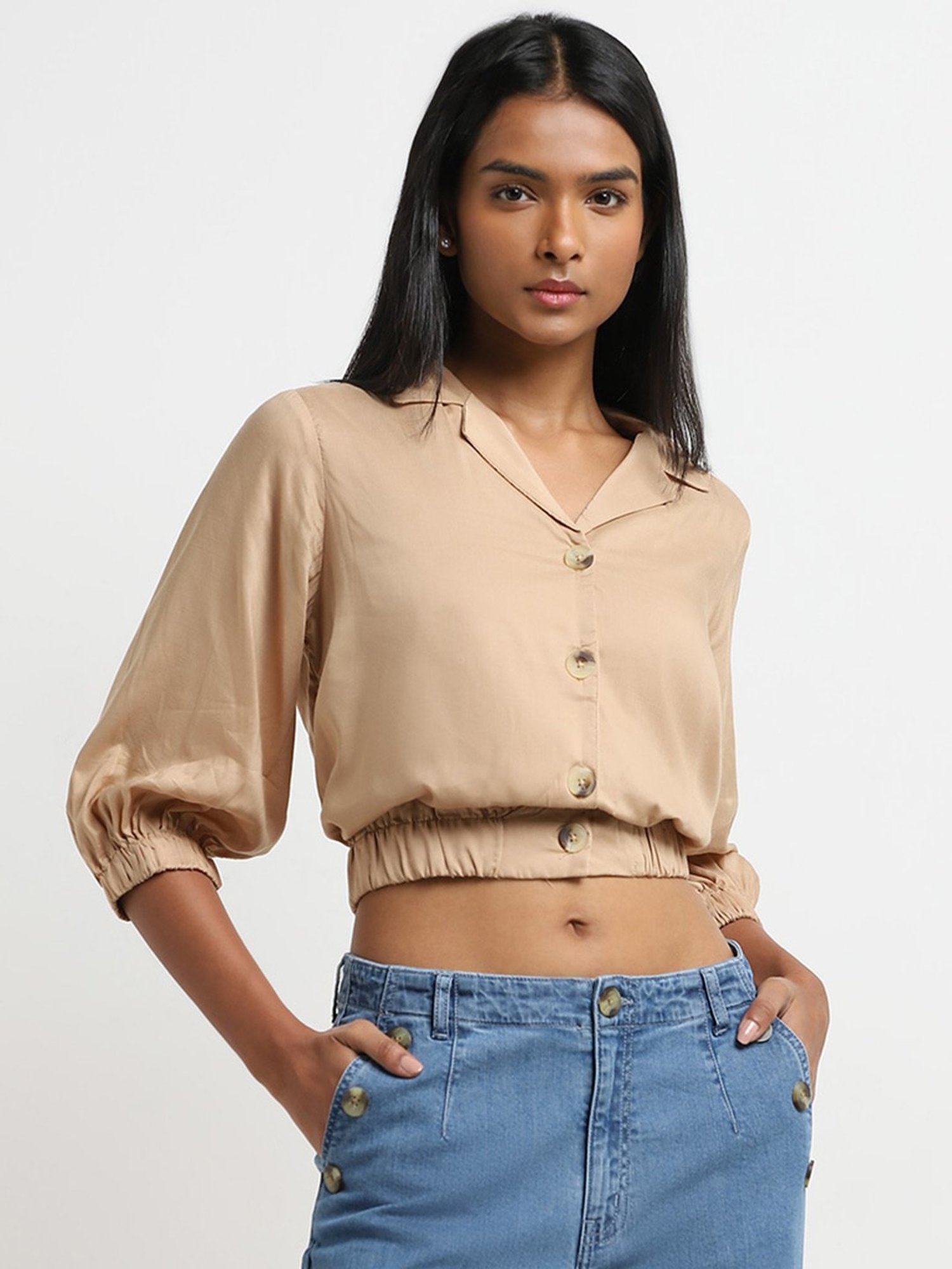 LOV by Westside Beige Solid Cropped Blouse