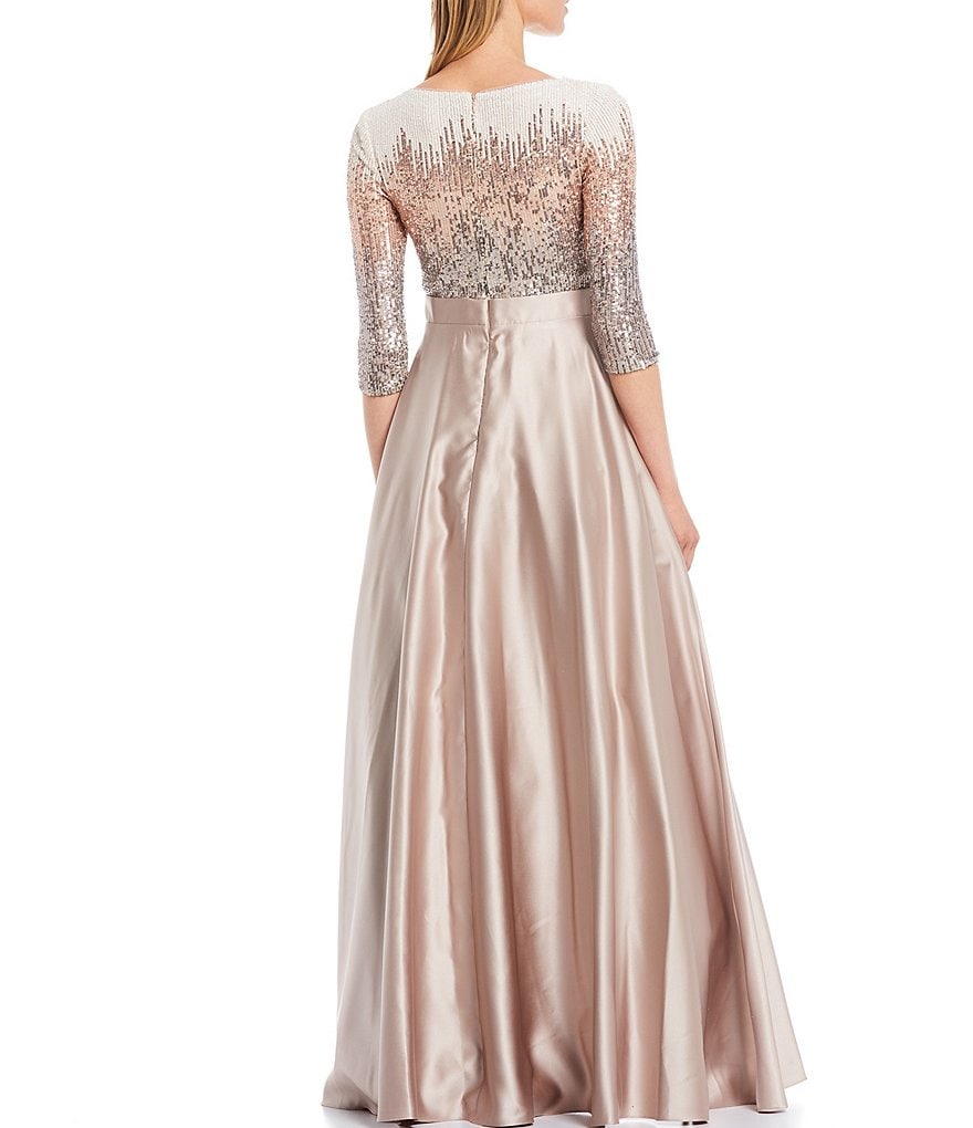 Betsy & Adam Sequin Bodice Boat Neck Elbow Sleeve Satin Ball Gown