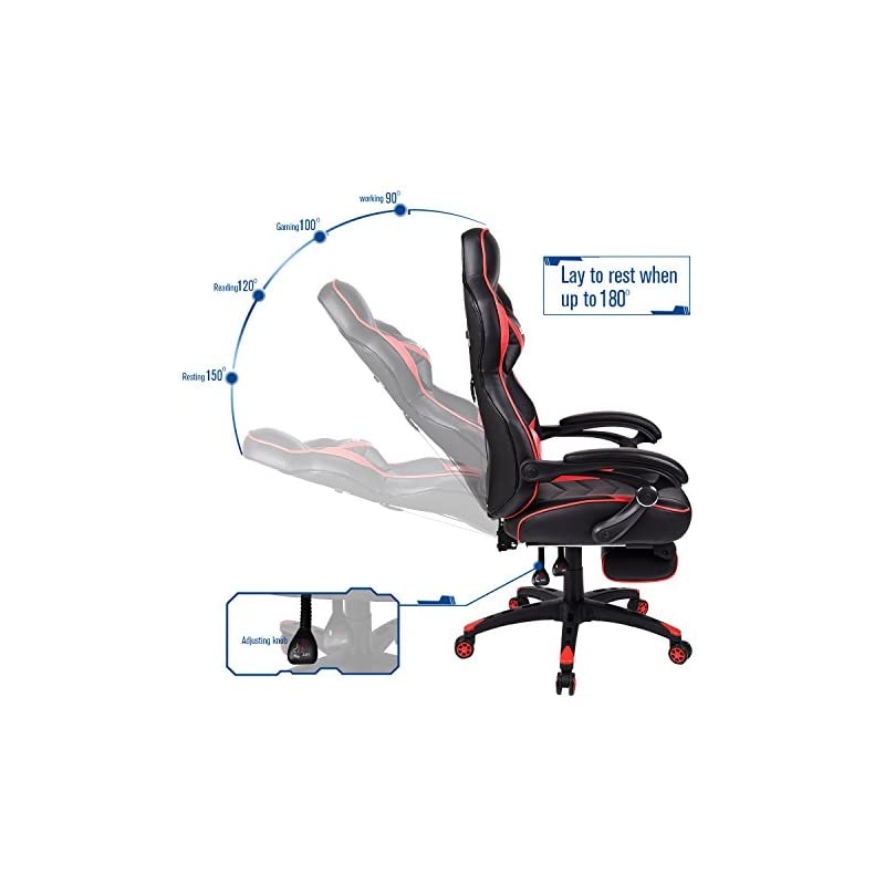 Video Gaming Chair Racing Style Reclining Adjustable Swivel Office Chair with Foot Rest, Lumbar Pillow, Headrest（Red）