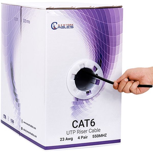 Cat6 Riser (CMR) 1000ft - 4 Pair Solid 23AWG, Ethernet Cable 1000 ft Outdoor - 550MHz 10 Gigabit Speed, Unshielded Twisted Pair (UTP), Bulk Ethernet Cable - Black