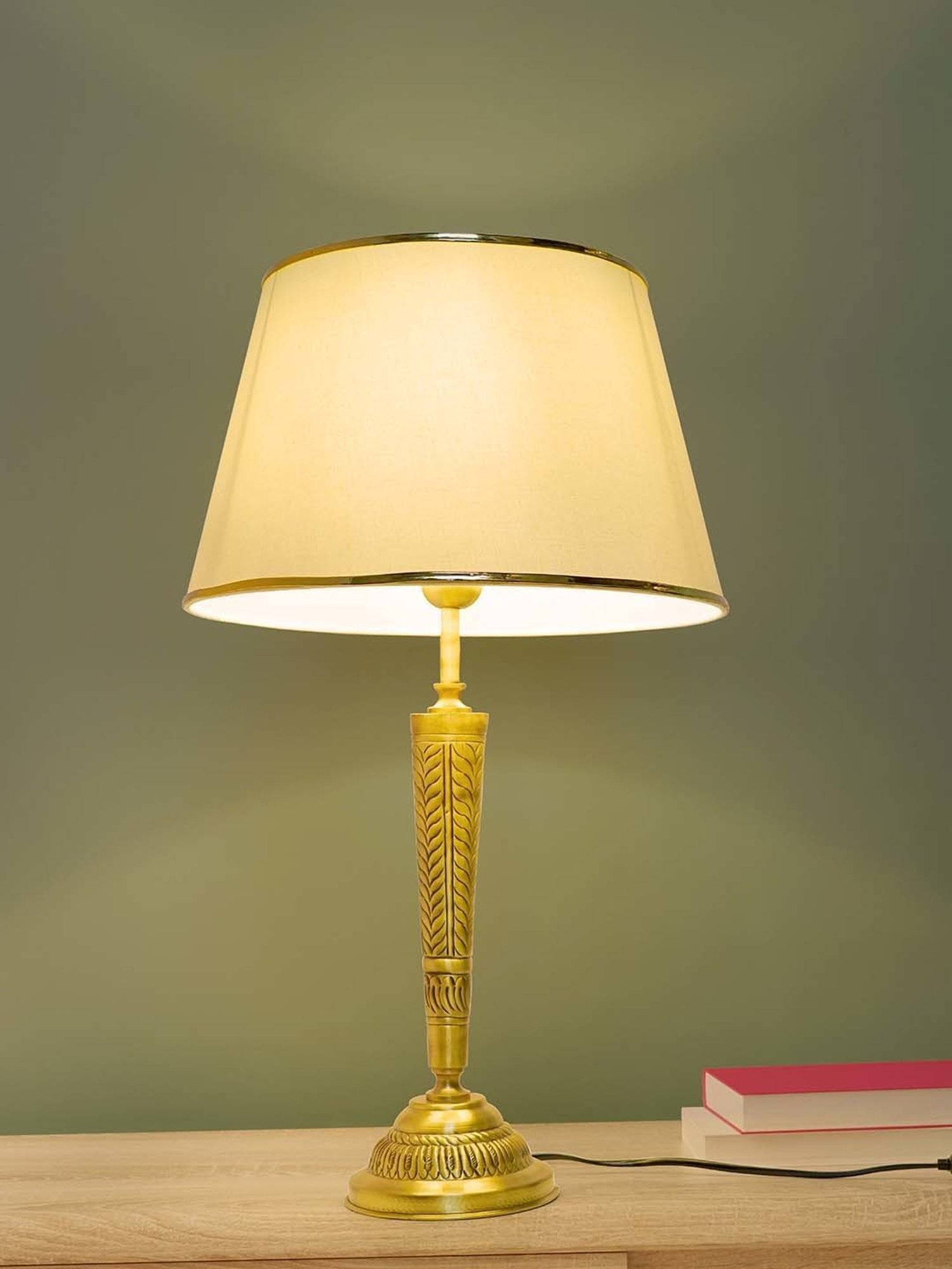 FOS LIGHTING Conical Antique Golden & Off-White Brass Table Lamp With Fabric Shade