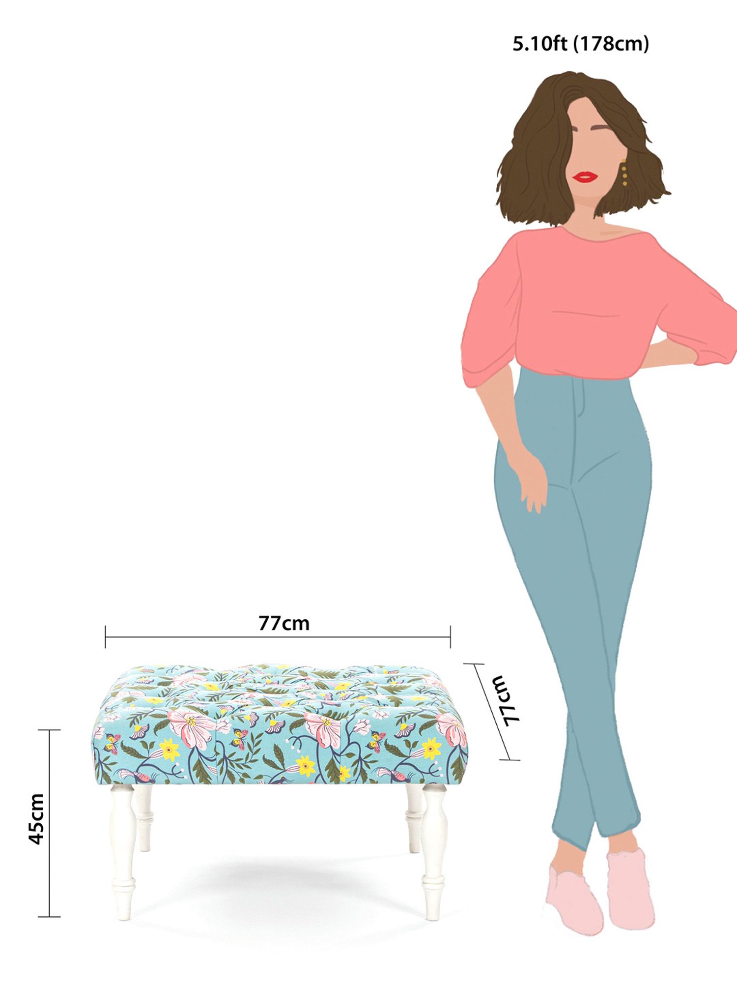 Chumbak The English Spring Bloom Floral Black Wood Ottoman