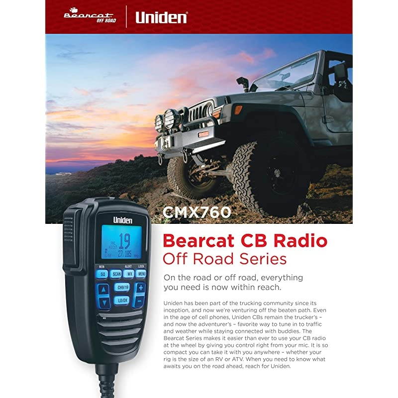 CMX760 Bearcat Off Road Series Compact Mobile CB Radio, 40-Channel Operation, Ultra-Compact for Easy Mounting, Large 7-Color Backlit LCD Display on Mic with Built-in Speaker Mic, Black