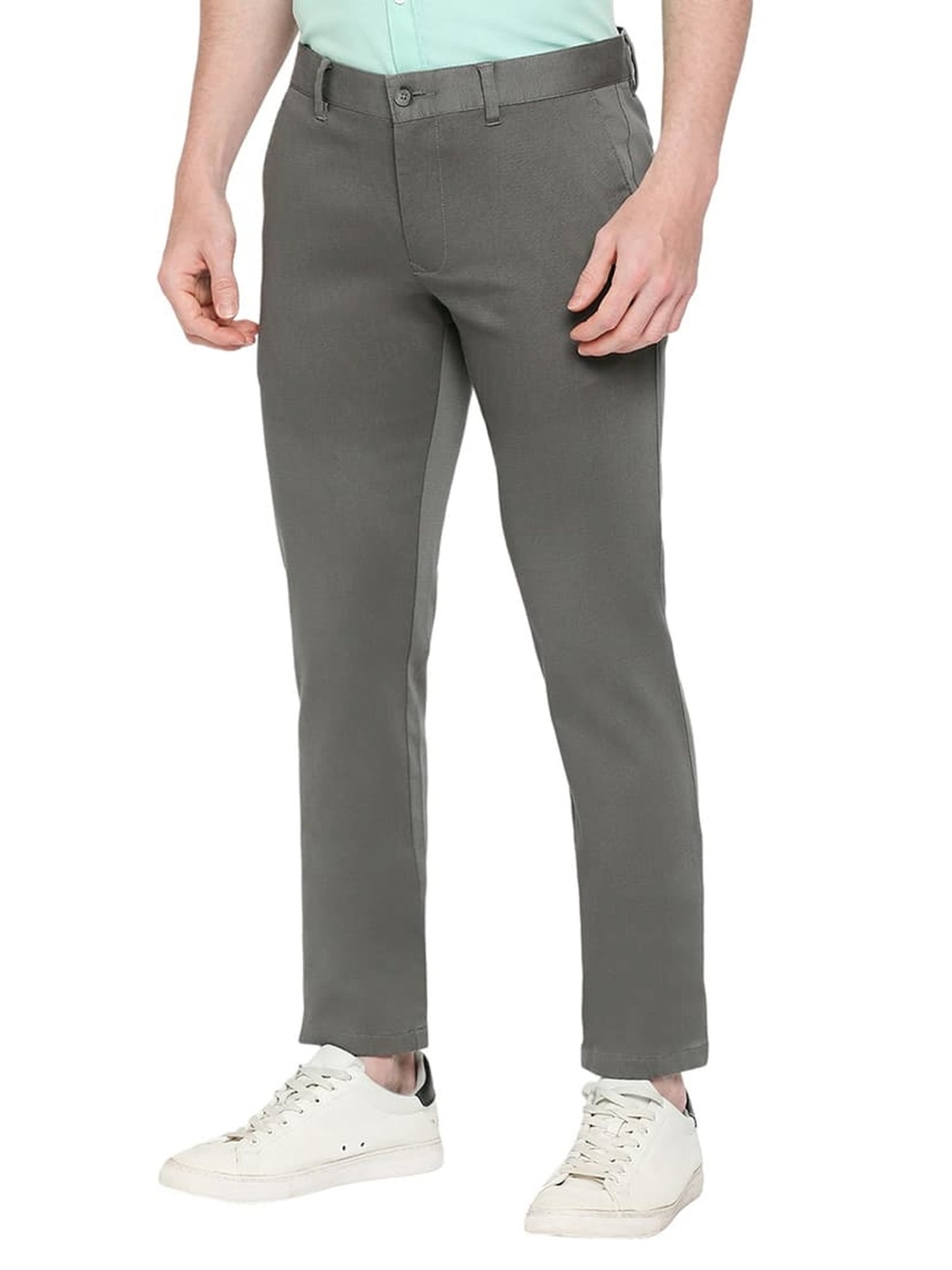 Basics Mid Grey Cotton Tapered Fit Texture Trousers