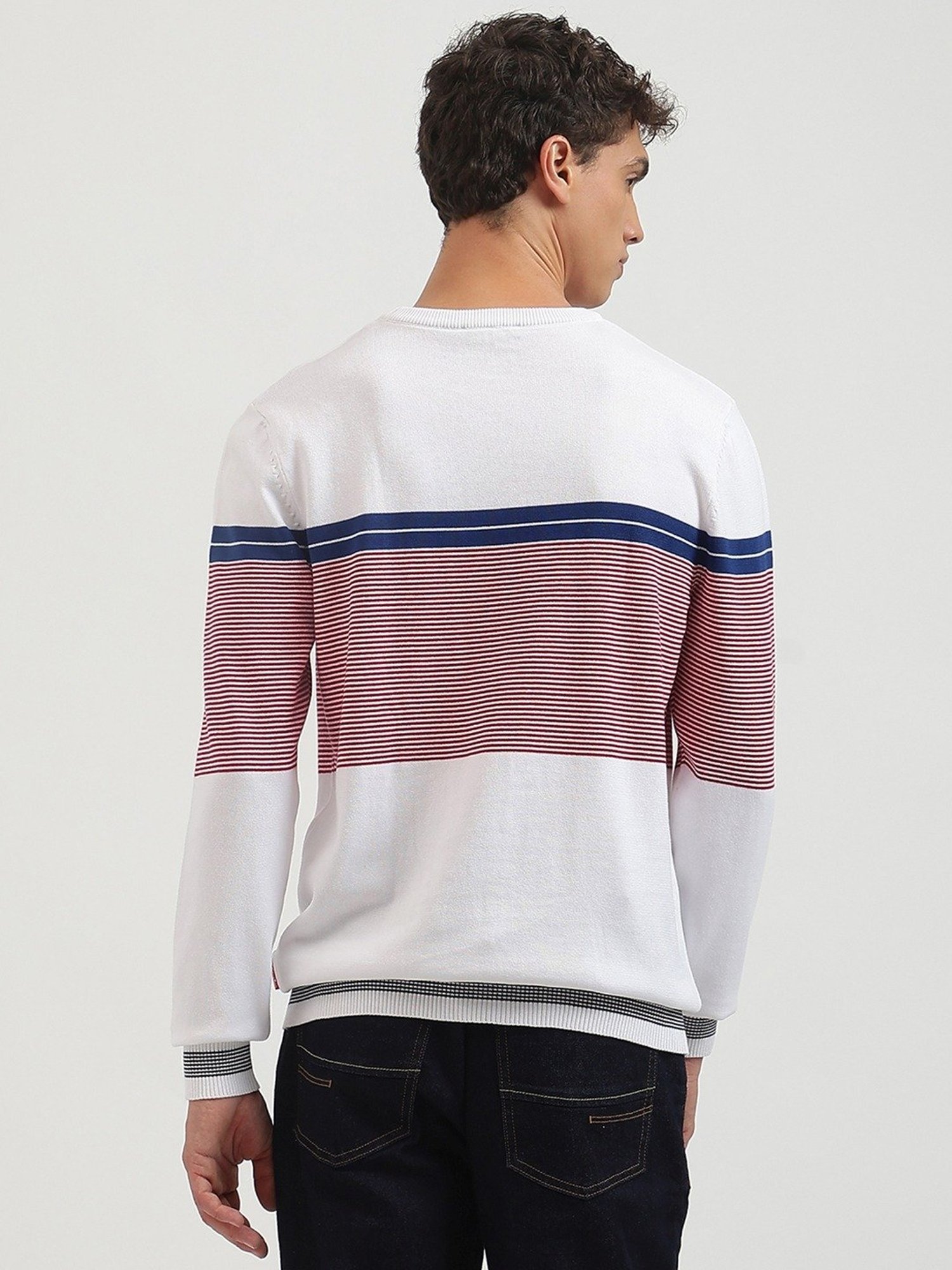 United Colors Of Benetton White Regular Fit Striped Sweater