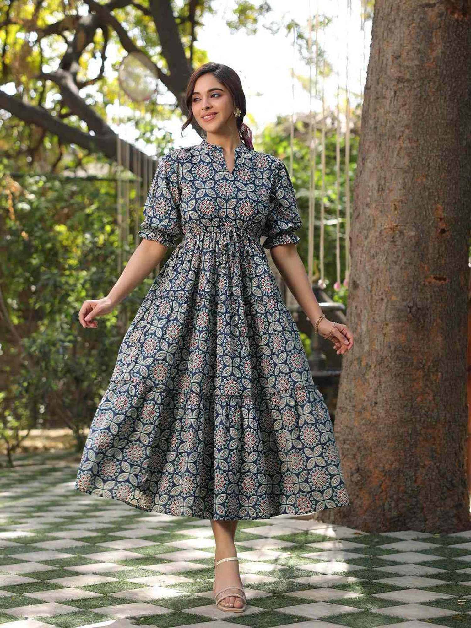 Rain and Rainbow Blue Cotton Printed A-Line Dress