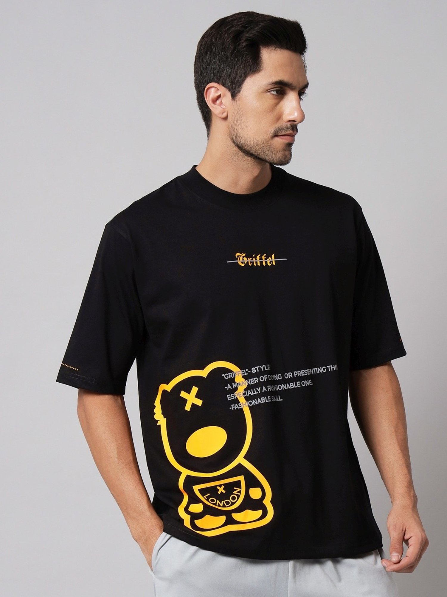 Griffel Black Cotton Loose Fit Printed T-Shirt