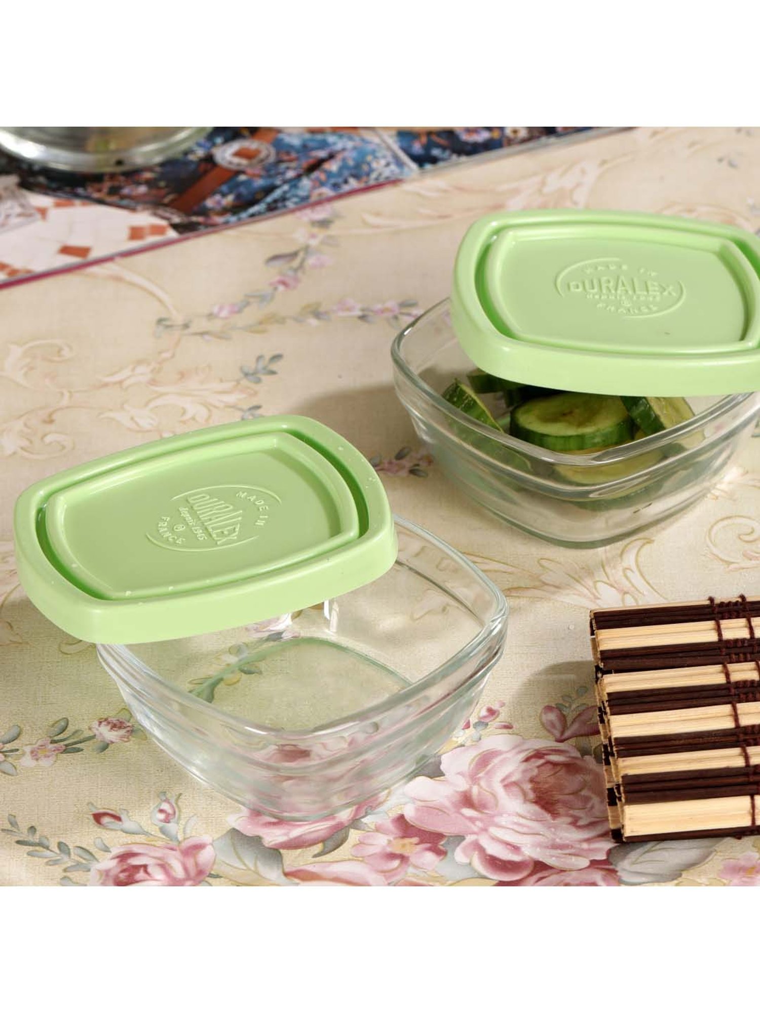 Duralex 'Freshbox' Transparent & Green Glass 11 cm Container With Lid (0.3 L) - Set of 2
