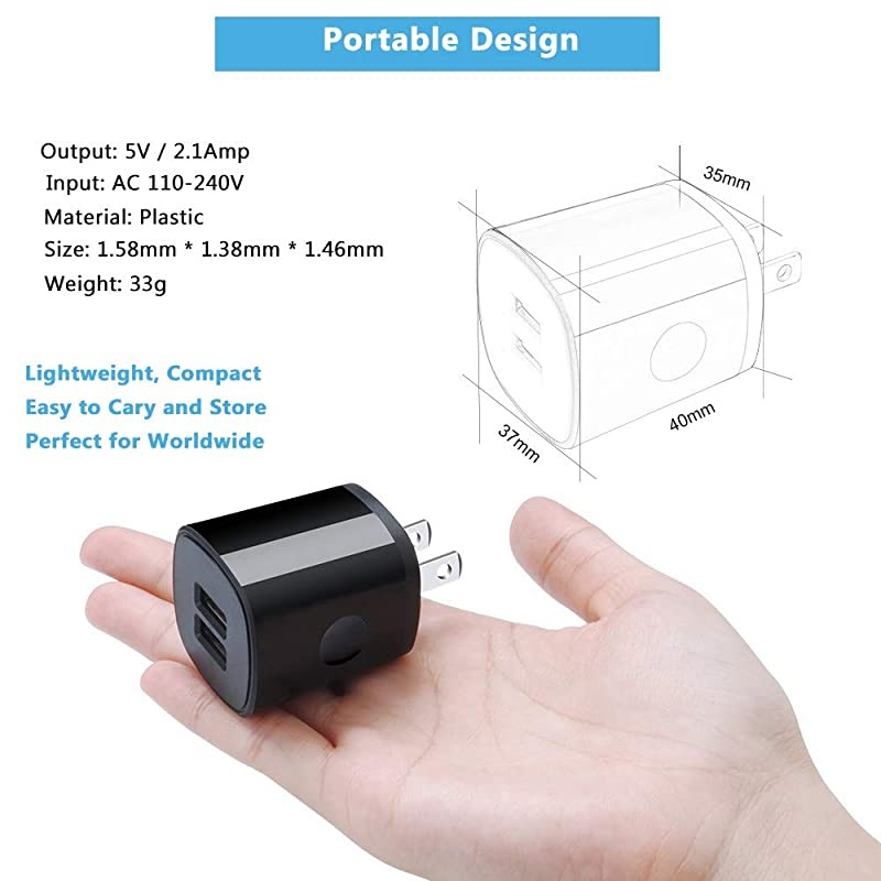 Charger Plug, 5Pack  Dual Port USB Wall Charger Quick Charger Adapter 2.1A Fast Charging Block Brick Power Cubes Compatible with iPhone 11 XR X 8 7 6 Plus, iPad, Samsung S9 S8 S7, Android,Kindle