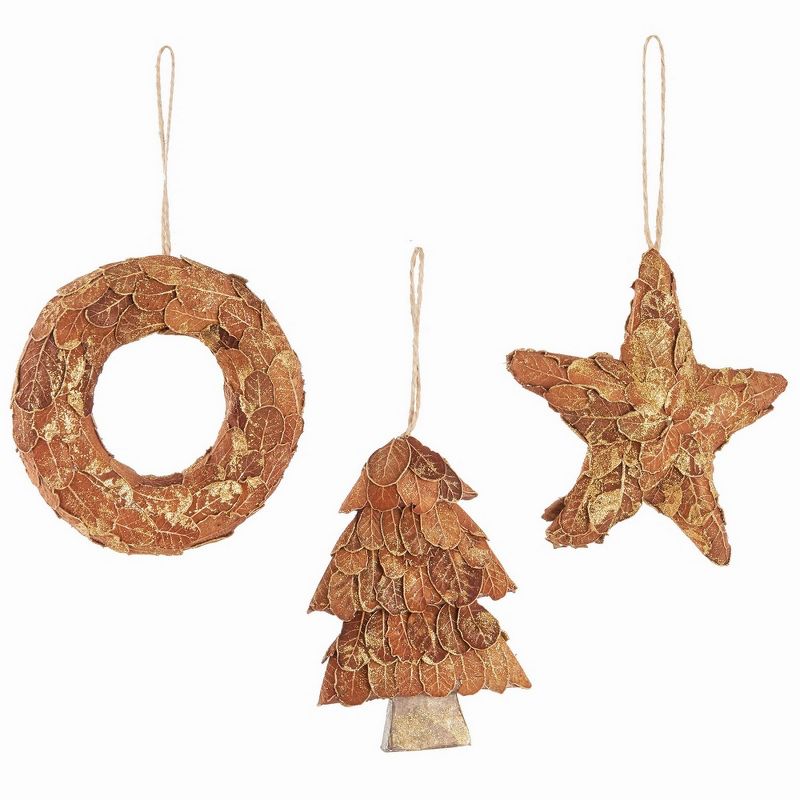 Plum & Post Leaf Wreath, Star & Tree Ornaments, Set Of 3