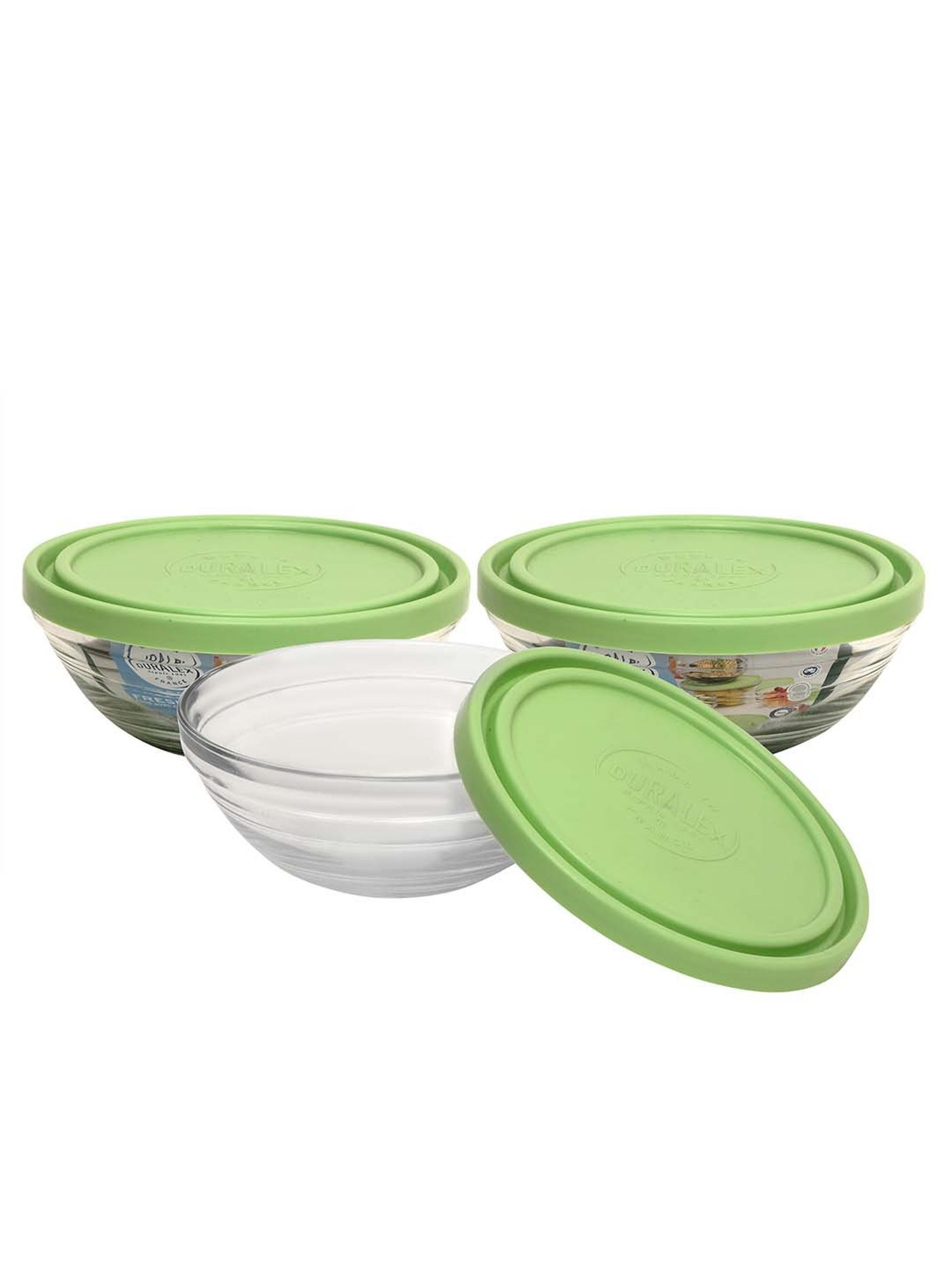 Duralex 'Freshbox' Transparent & Green Glass 14 cm Container With Lid (0.5 L) - Set of 3