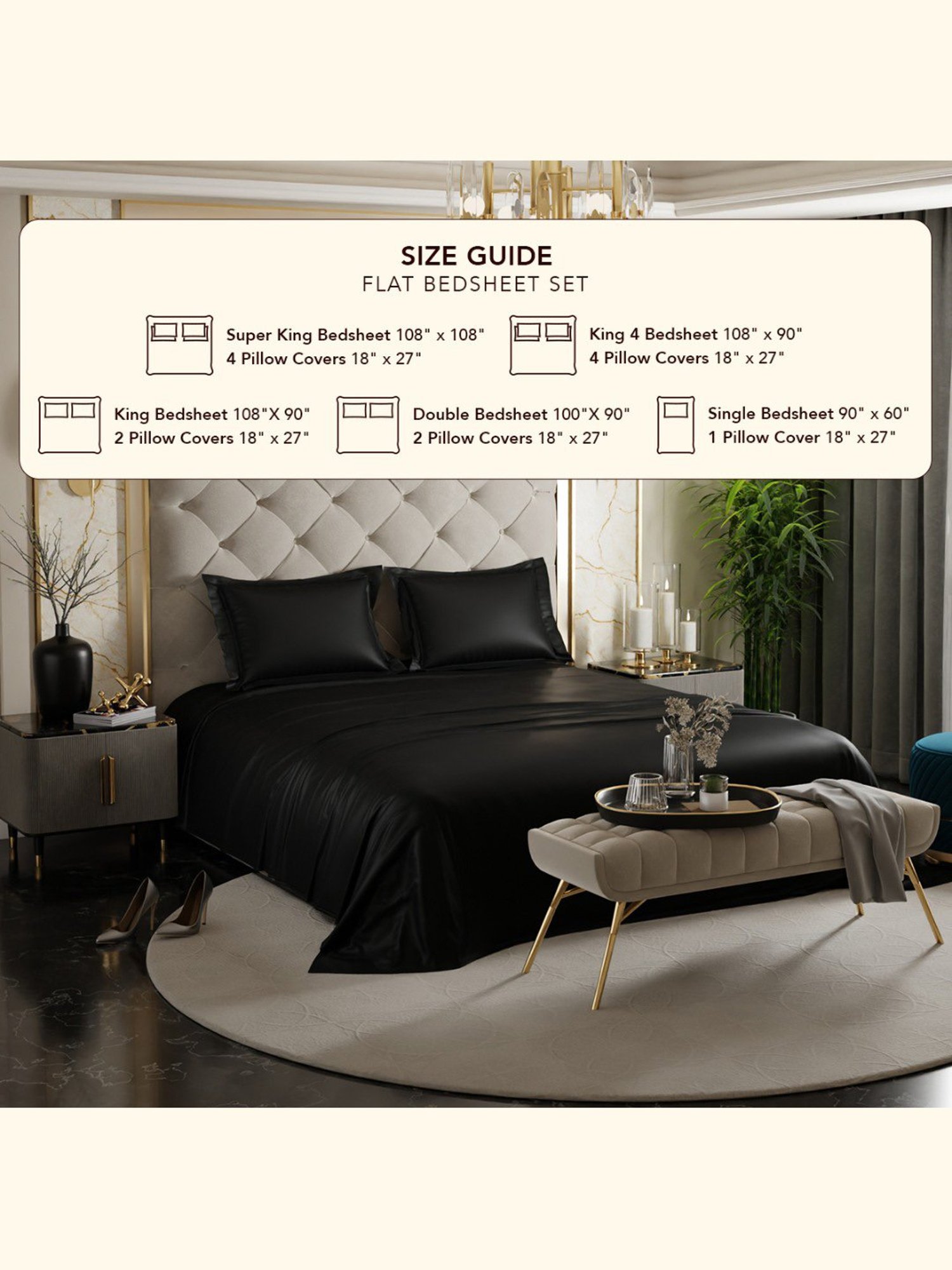 Stoa Paris Date Night Black Polyester 300 TC King Bedsheet with 2 Pillow Covers