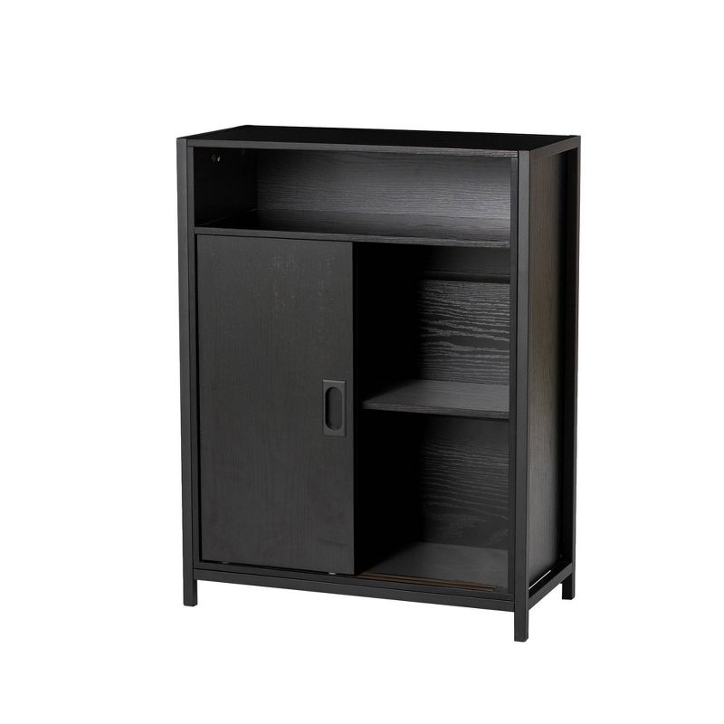 Oak Melamine Floor Cabinet with 2 Sliding Doors Black - Glitzhome
