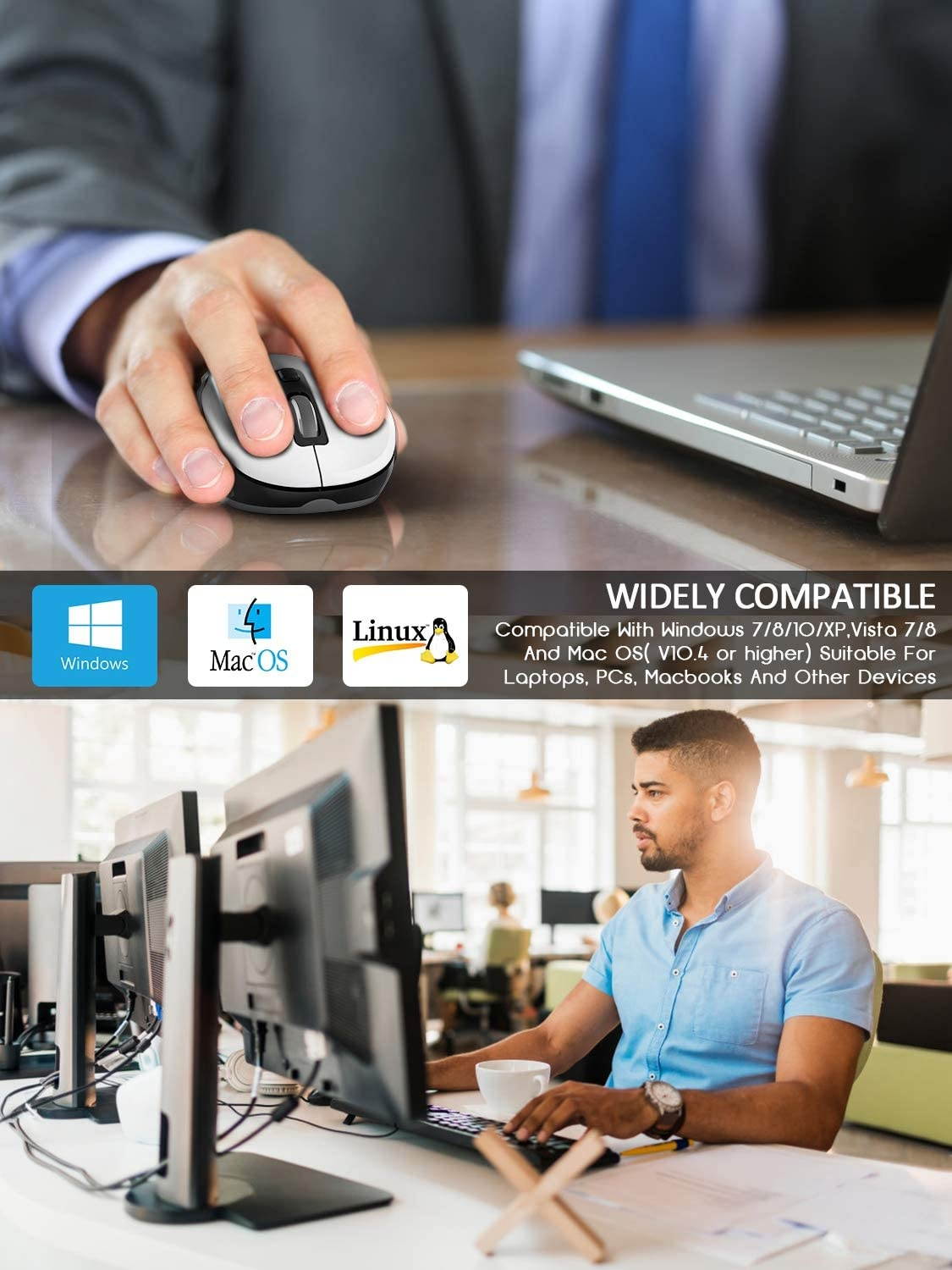 Wireless Mouse RATEL 2.4G Wireless Ergonomic Mouse Computer Mouse Laptop Mouse USB Mouse 6 Buttons with Nano Receiver 3 Adjustable DPI Levels Cordless Wireless Mice for Windows Mac (Black & White)