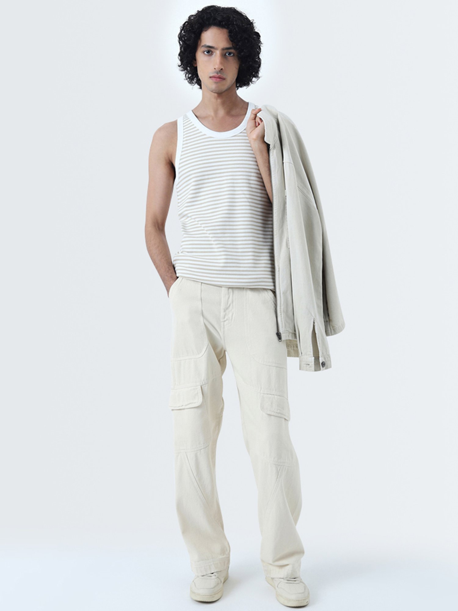 Nuon by Westside Beige Striped Slim-Fit Cotton Blend Vest