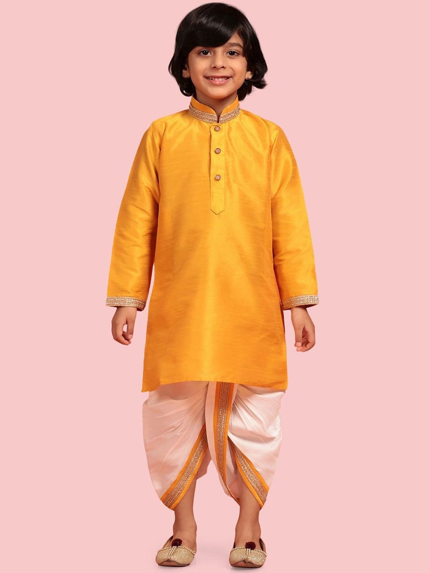 AJ Dezines Kids Yellow & White Embroidered Full Sleeves Kurta Set