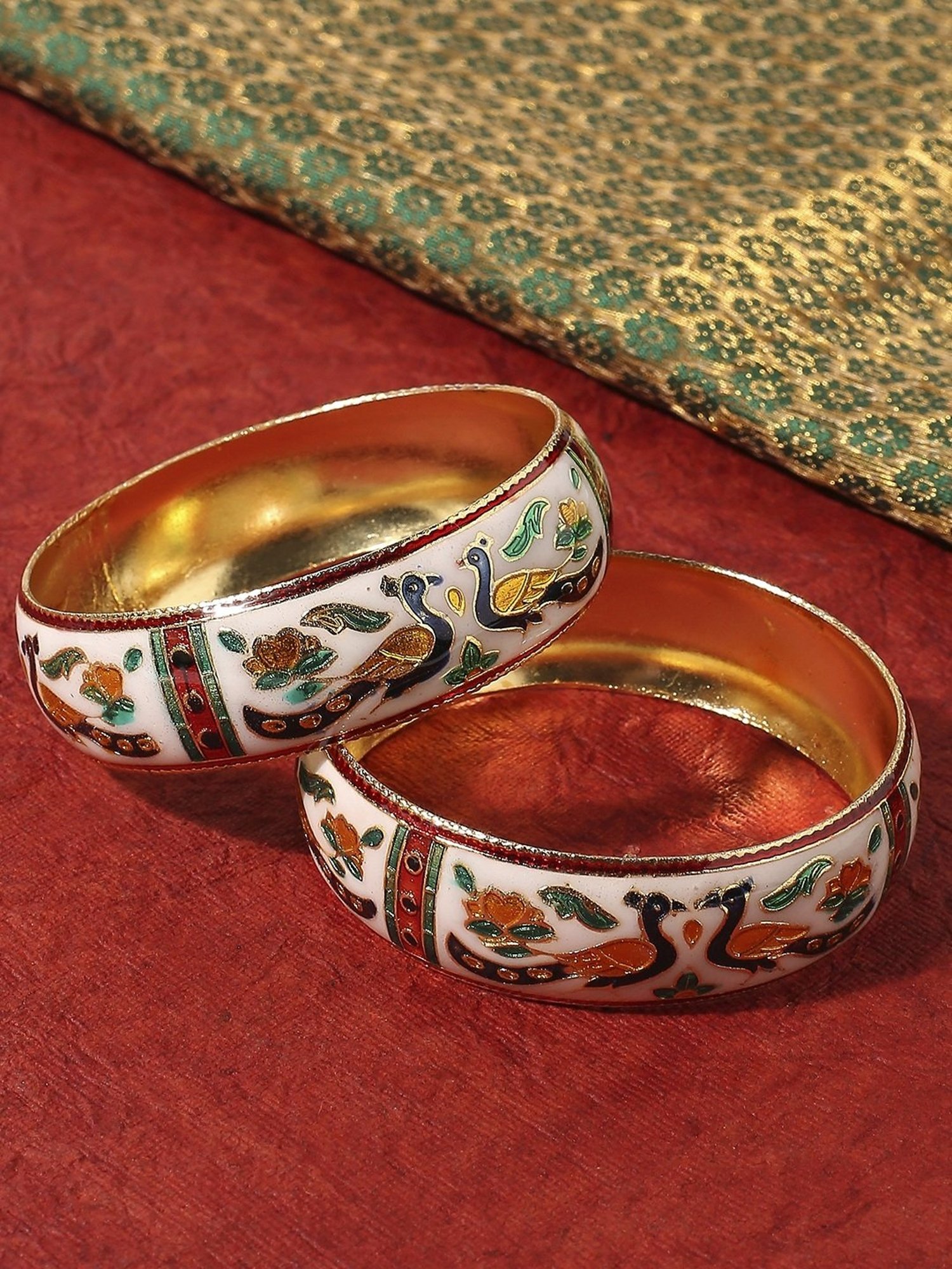 Oomph Jewellery White Meenakari Peacock Design Brass Bangles - Set of 2