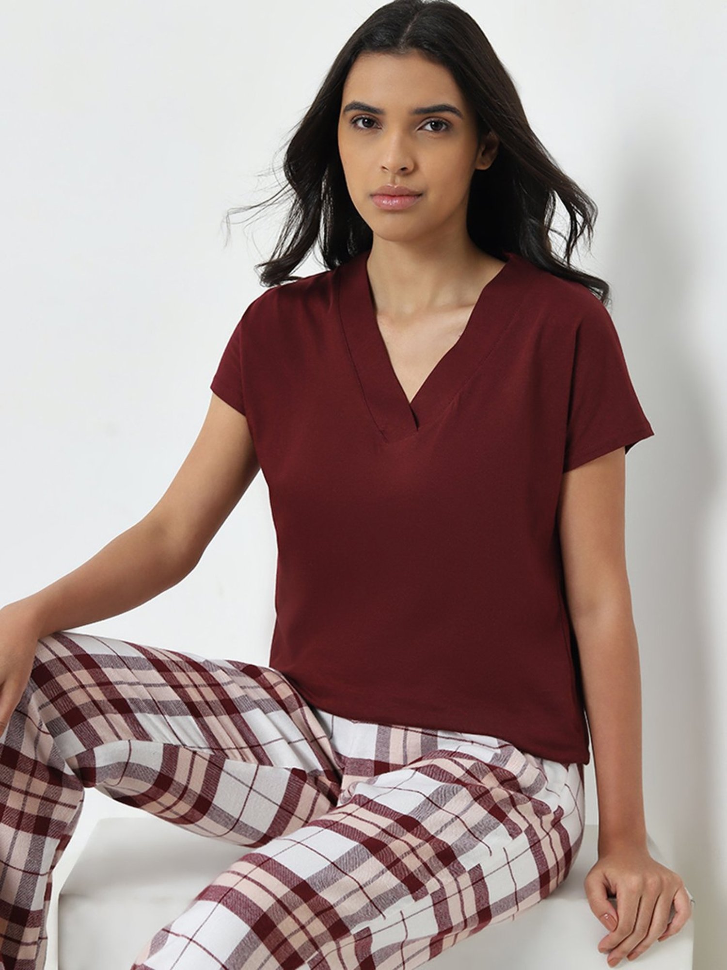 Wunderlove by Westside Burgundy V-Neck Cotton Blend Top